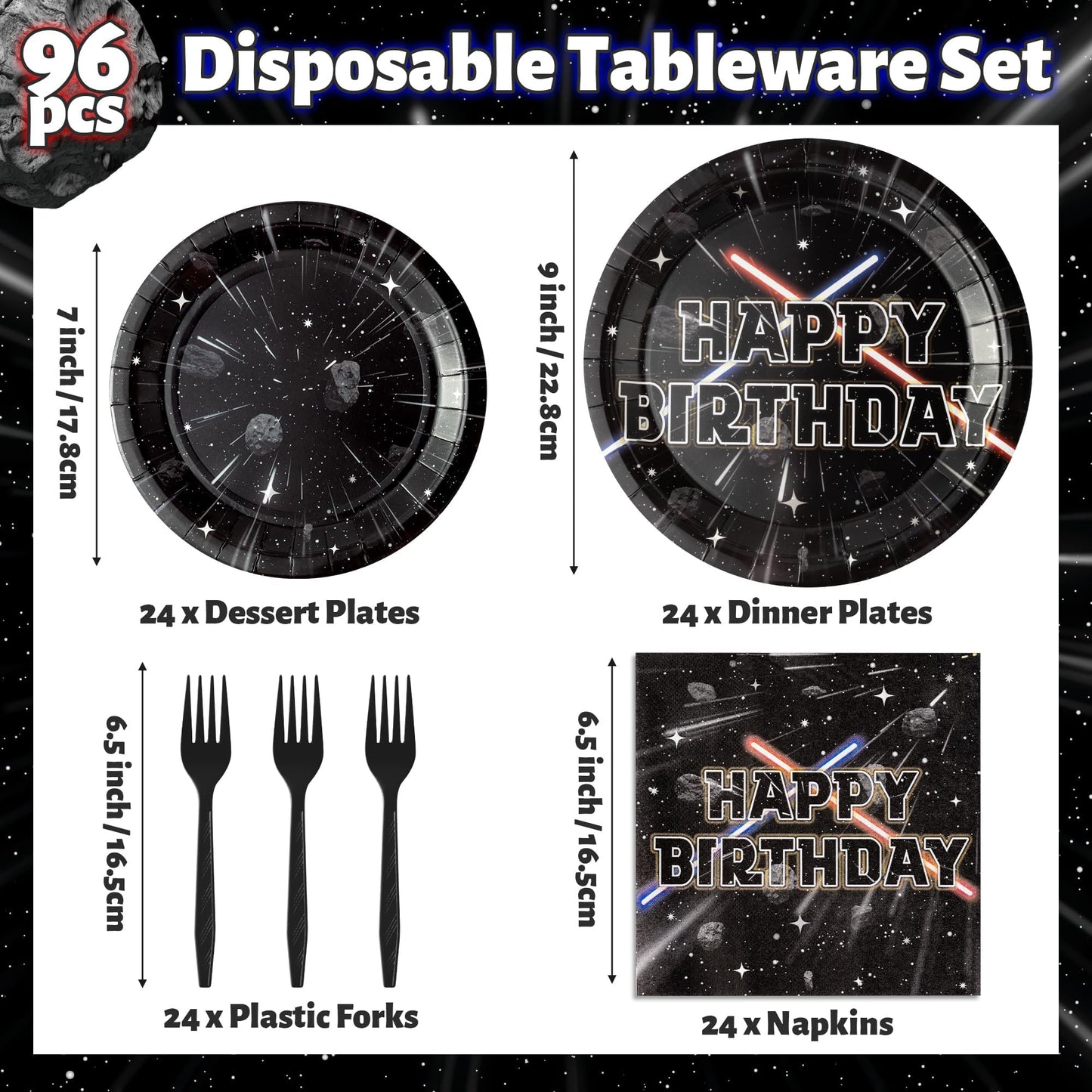 BOpusail 96Pcs Galaxy Movie Star Party Tableware Set – Serves 24 Guests