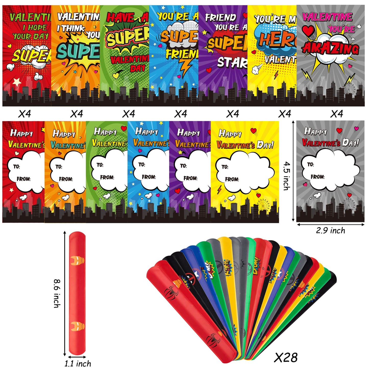 BOpusail Valentines Day Slap Bracelets Gift Set – 28 Pack with Cards for Kids