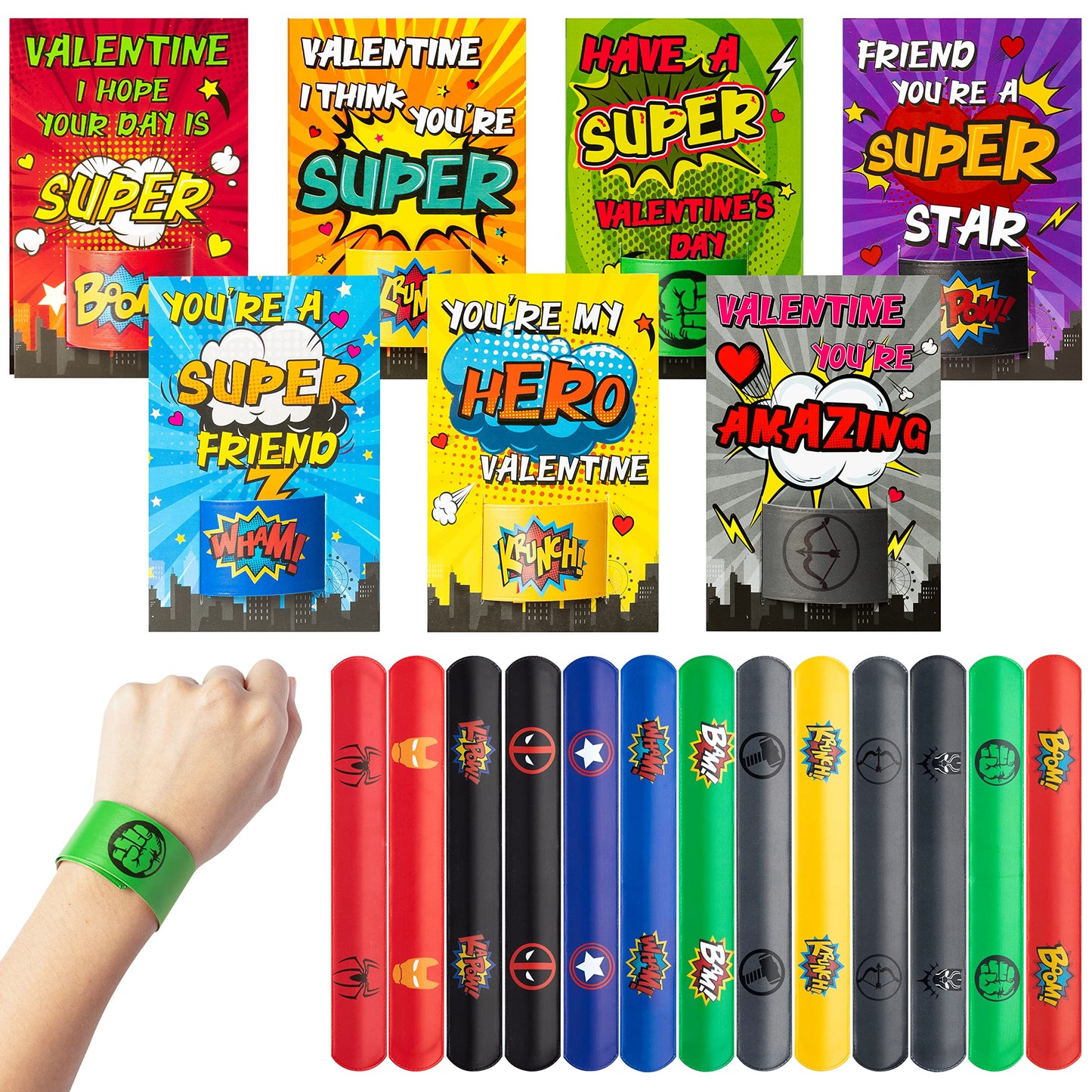 BOpusail Valentines Day Slap Bracelets Gift Set – 28 Pack with Cards for Kids