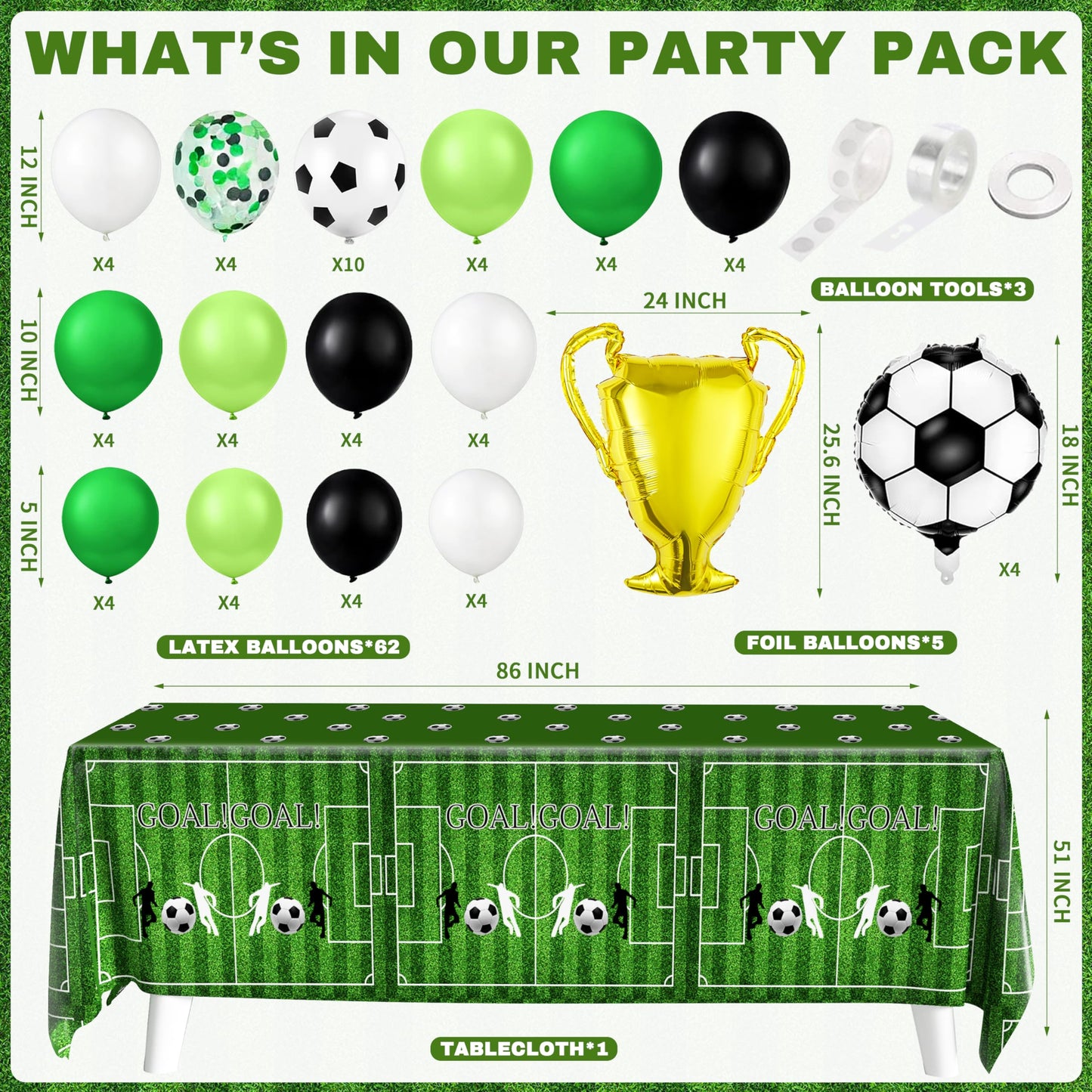 BORAMDO Soccer Birthday Party Decorations Kit – 87 Pcs Balloons, Backdrop, Banner