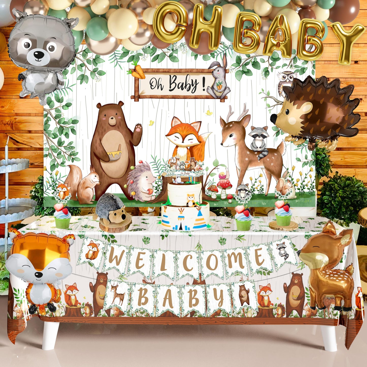 BORAMDO Woodland Animals Baby Shower Decoration Pack – 106 Pcs Forest Theme Party Kit