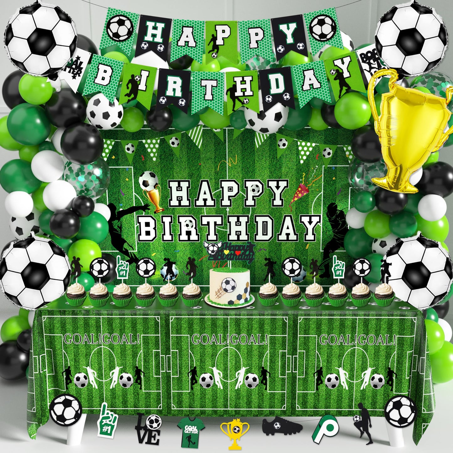 BORAMDO Soccer Birthday Party Decorations Kit – 87 Pcs Balloons, Backdrop, Banner