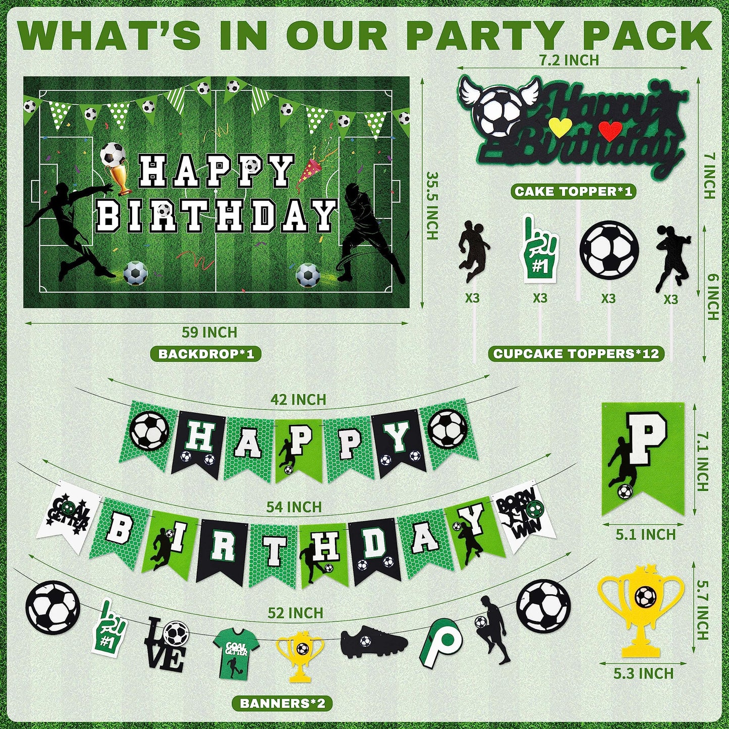 BORAMDO Soccer Birthday Party Decorations Kit – 87 Pcs Balloons, Backdrop, Banner