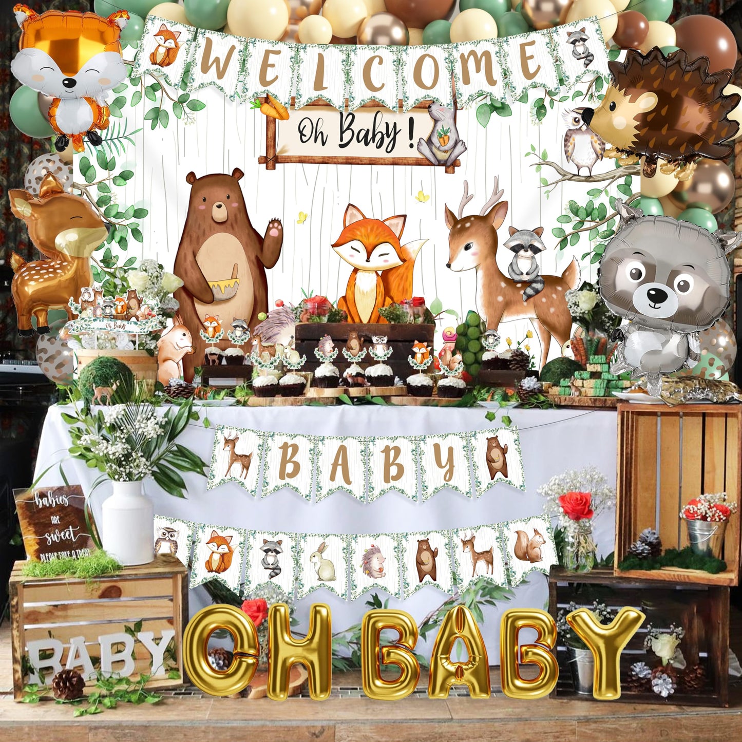 BORAMDO Woodland Animals Baby Shower Decoration Pack – 106 Pcs Forest Theme Party Kit