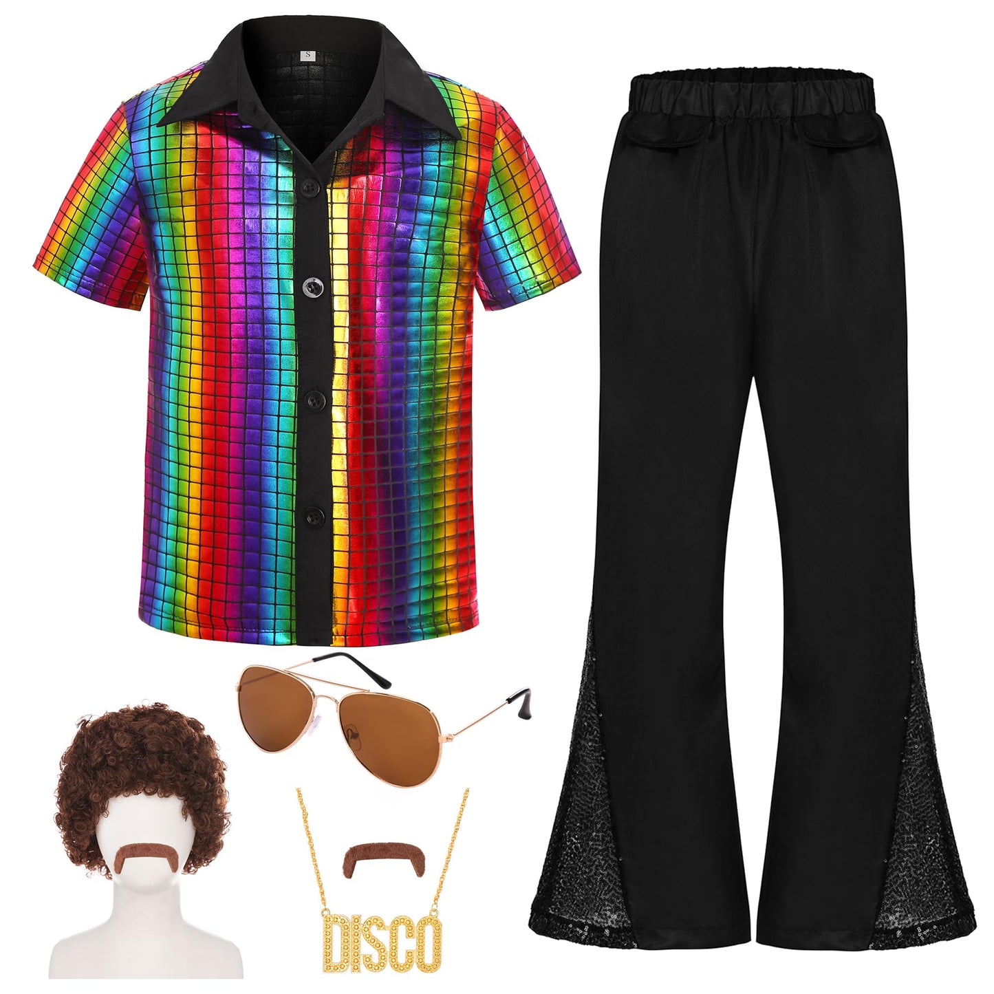 Bordazor Kids Disco Costume Set – 6-Piece Sequin Shirt Costume for Boys (60s/70s)