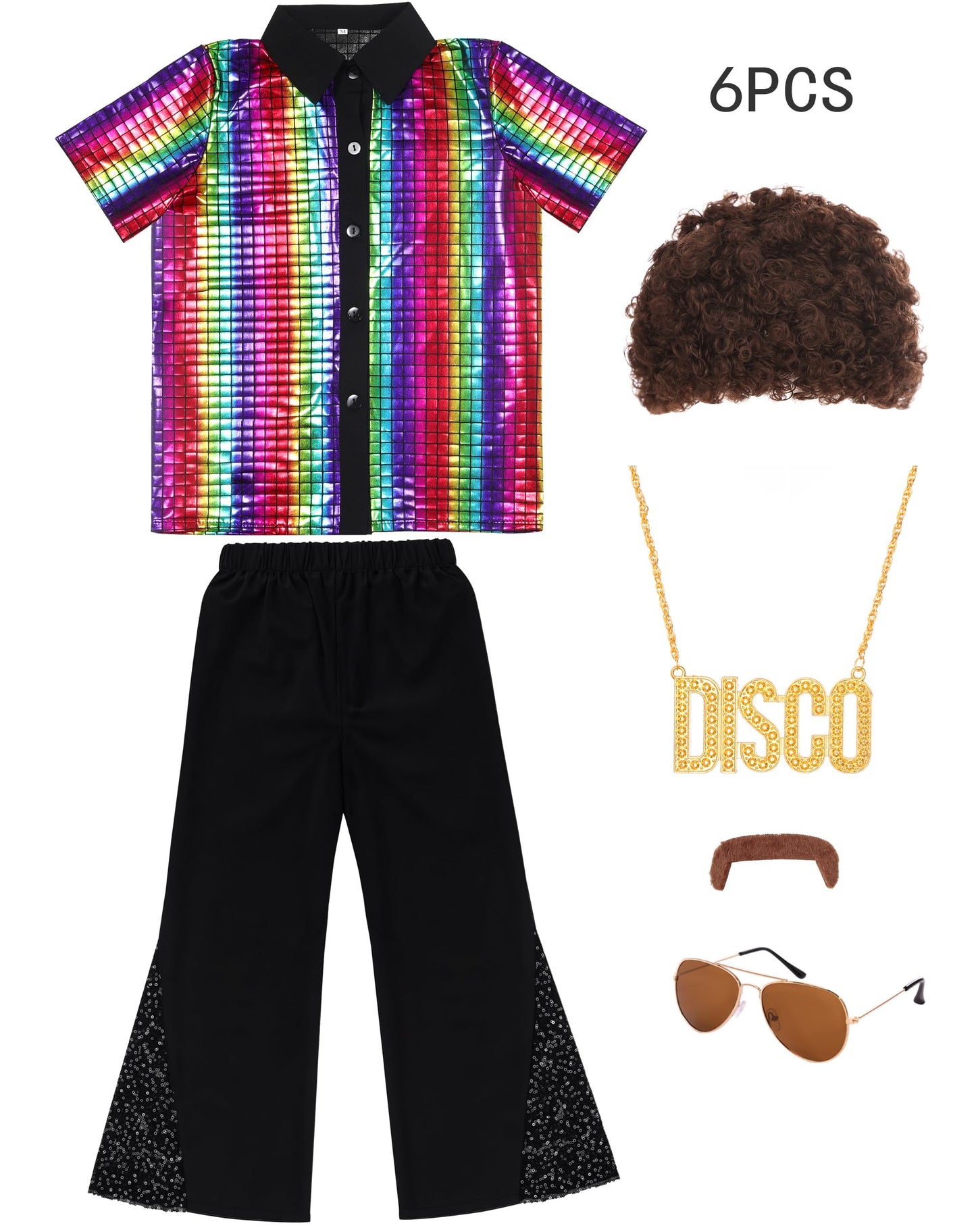 Bordazor Kids Disco Costume Set – 6-Piece Sequin Shirt Costume for Boys (60s/70s)