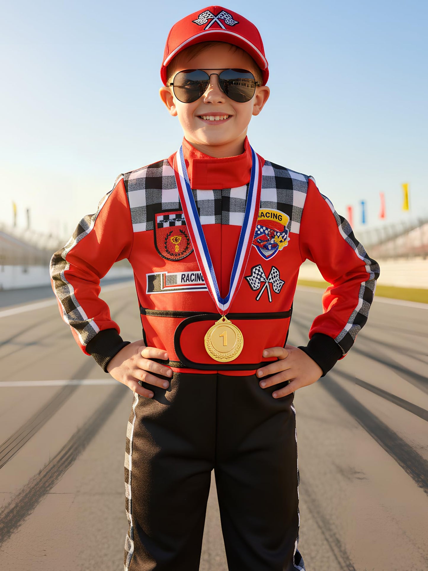 Bordazor Kids Race Car Driver Costume – Jumpsuit, Cap & Accessories (5-6 Years)