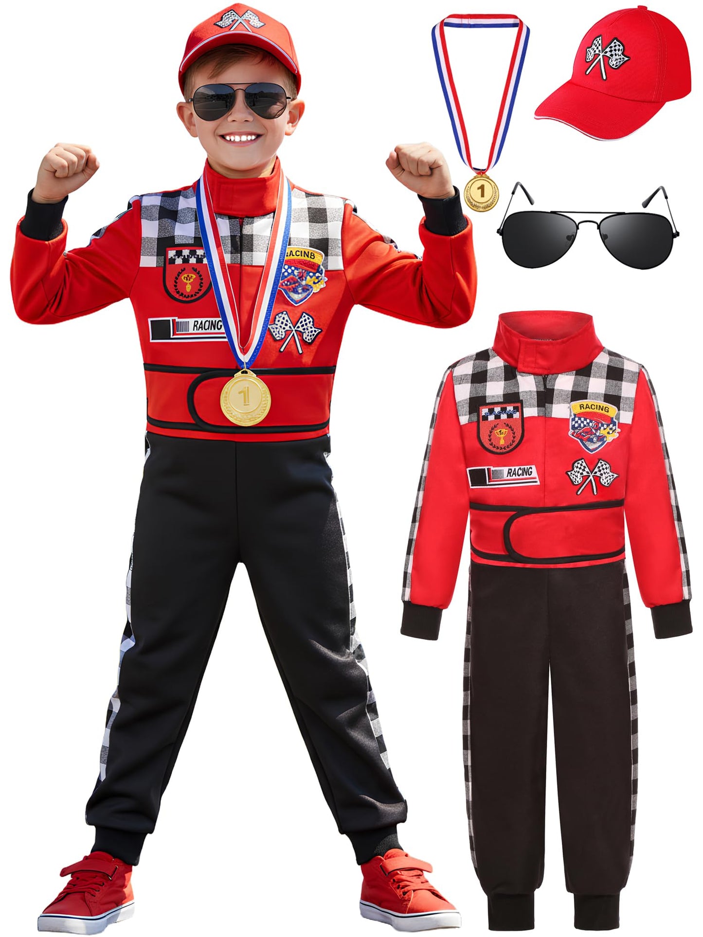 Bordazor Kids Race Car Driver Costume – Jumpsuit, Cap & Accessories (5-6 Years)