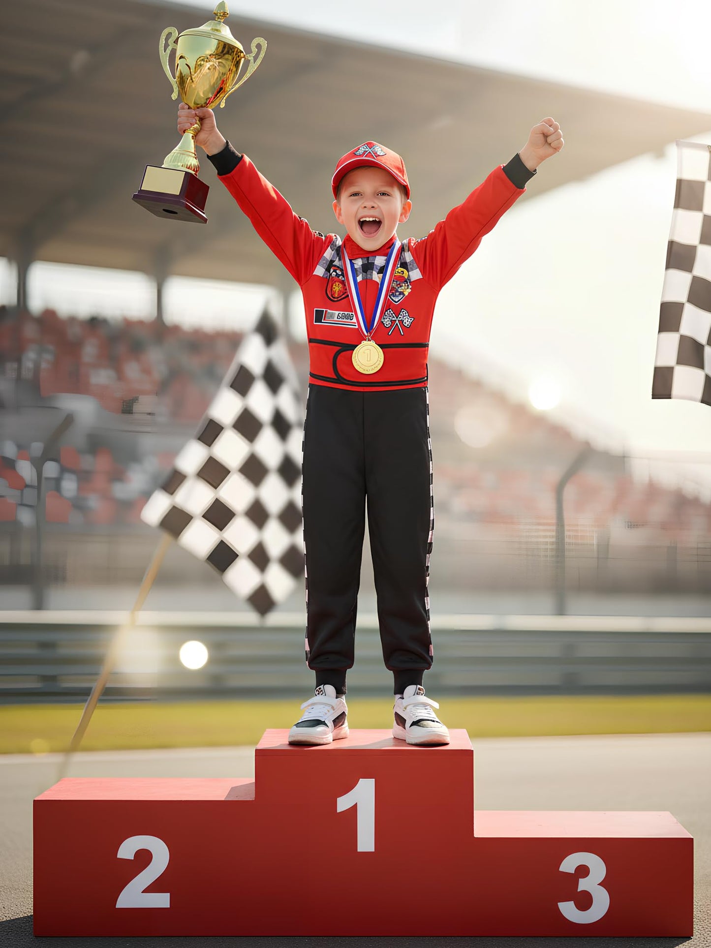 Bordazor Kids Race Car Driver Costume – Jumpsuit, Cap & Accessories (5-6 Years)