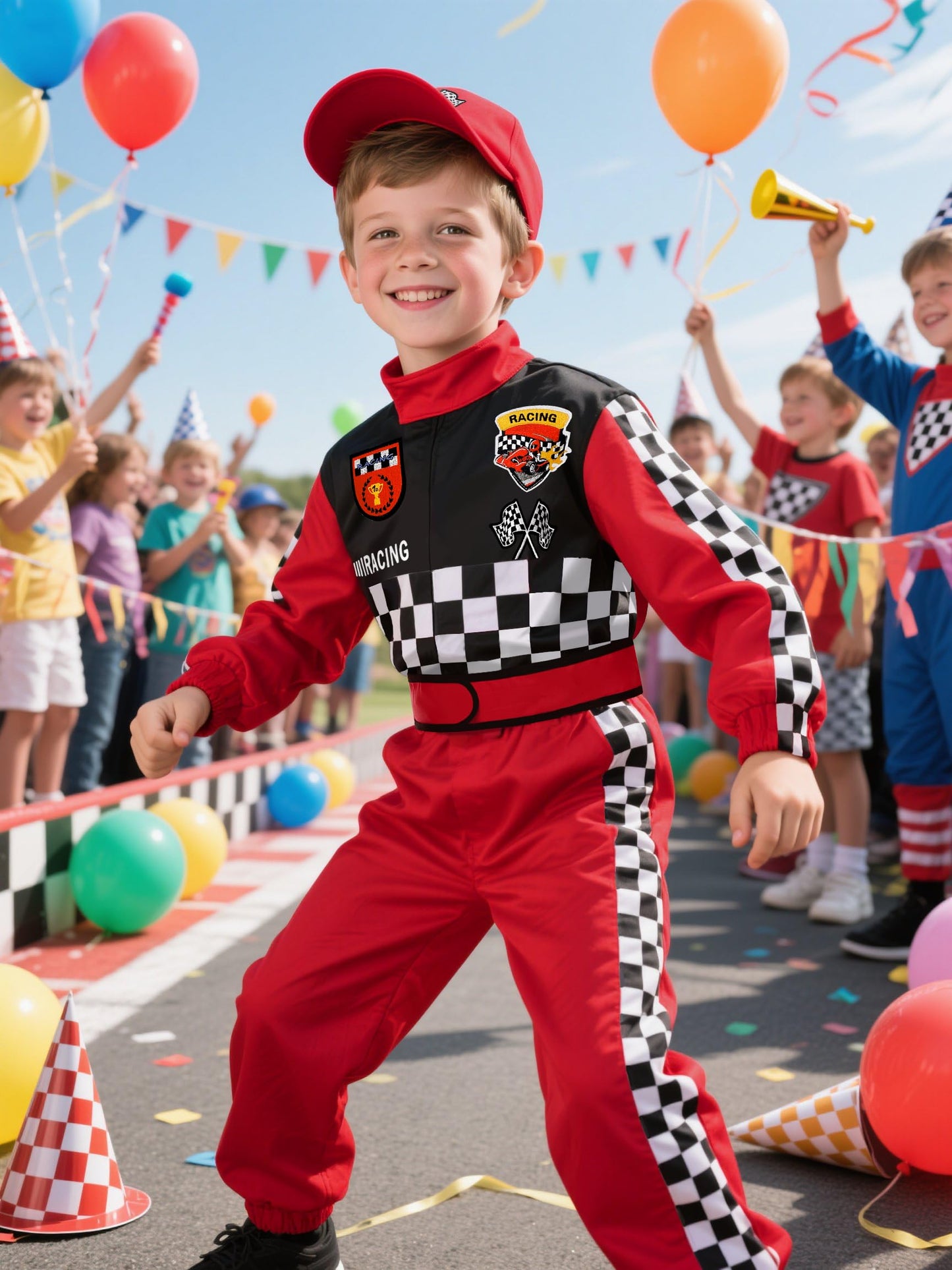 Bordazor Kids Race Car Driver Costume (5-6 Years) – Jumpsuit with Cap & Accessories