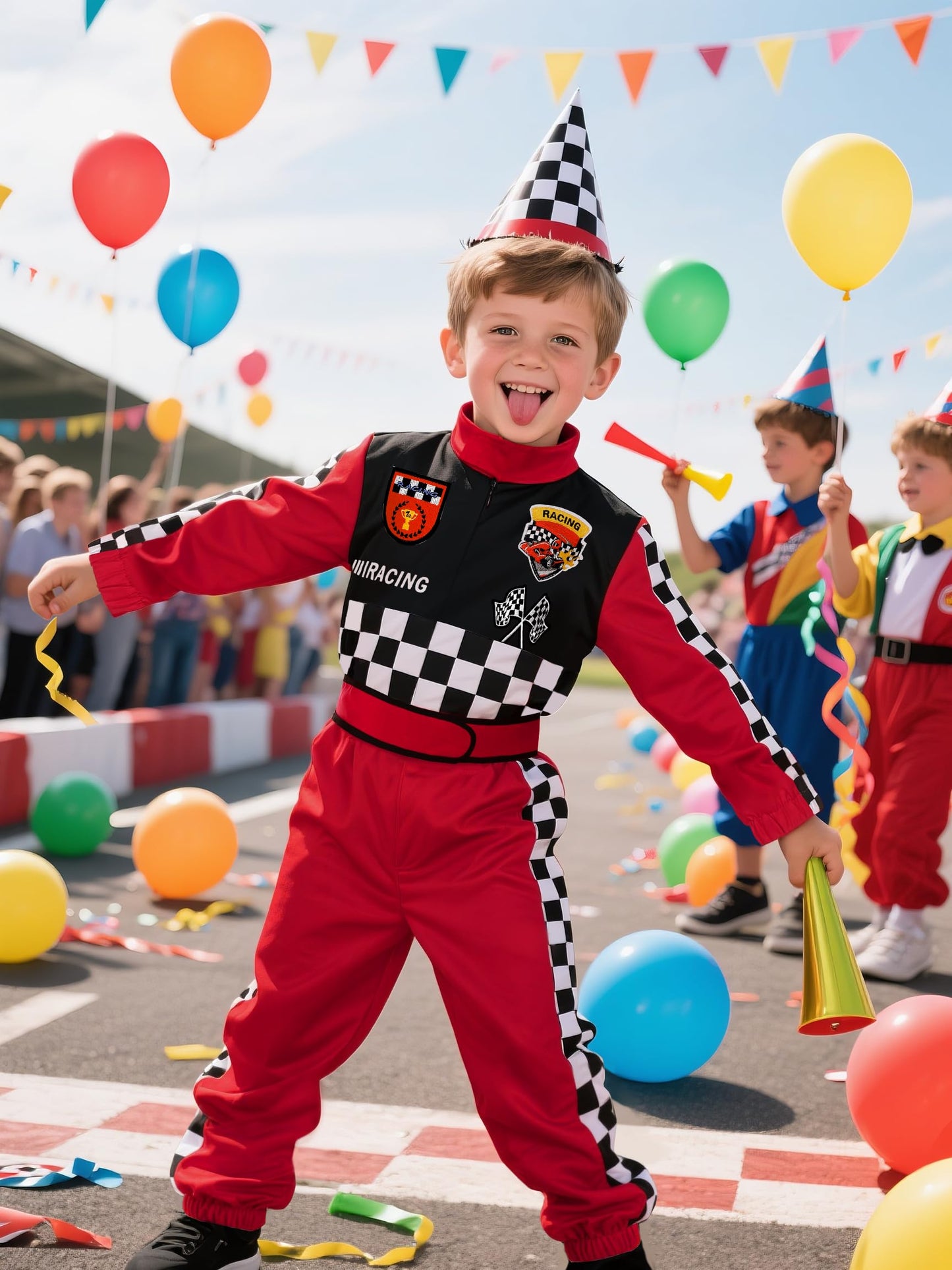 Bordazor Kids Race Car Driver Costume (5-6 Years) – Jumpsuit with Cap & Accessories