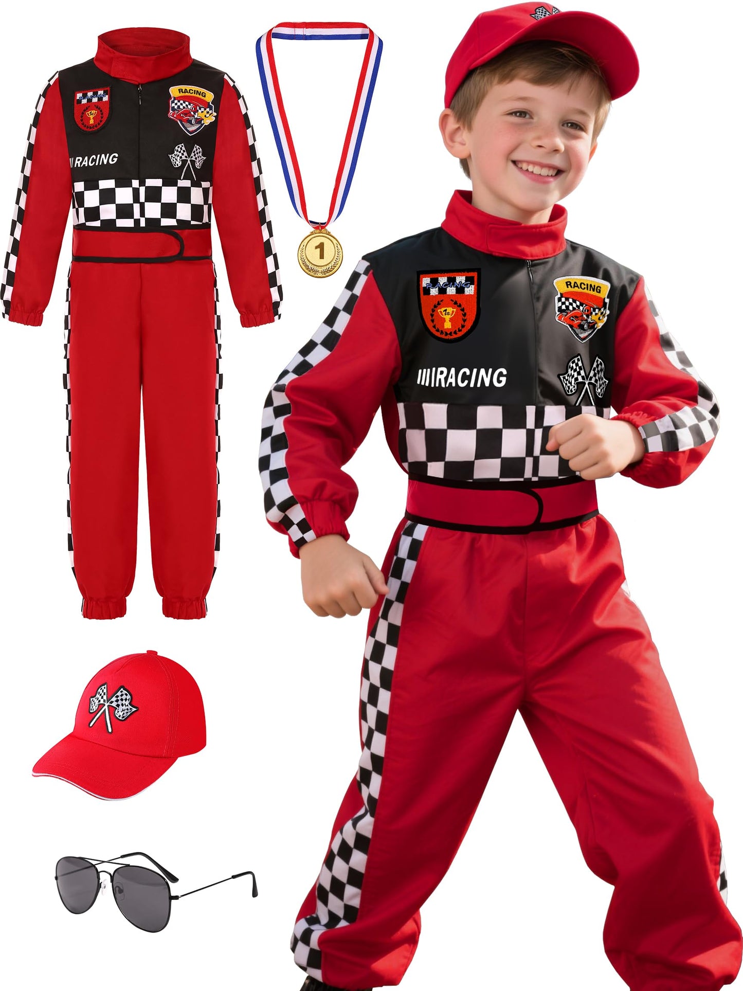 Bordazor Kids Race Car Driver Costume (5-6 Years) – Jumpsuit with Cap & Accessories