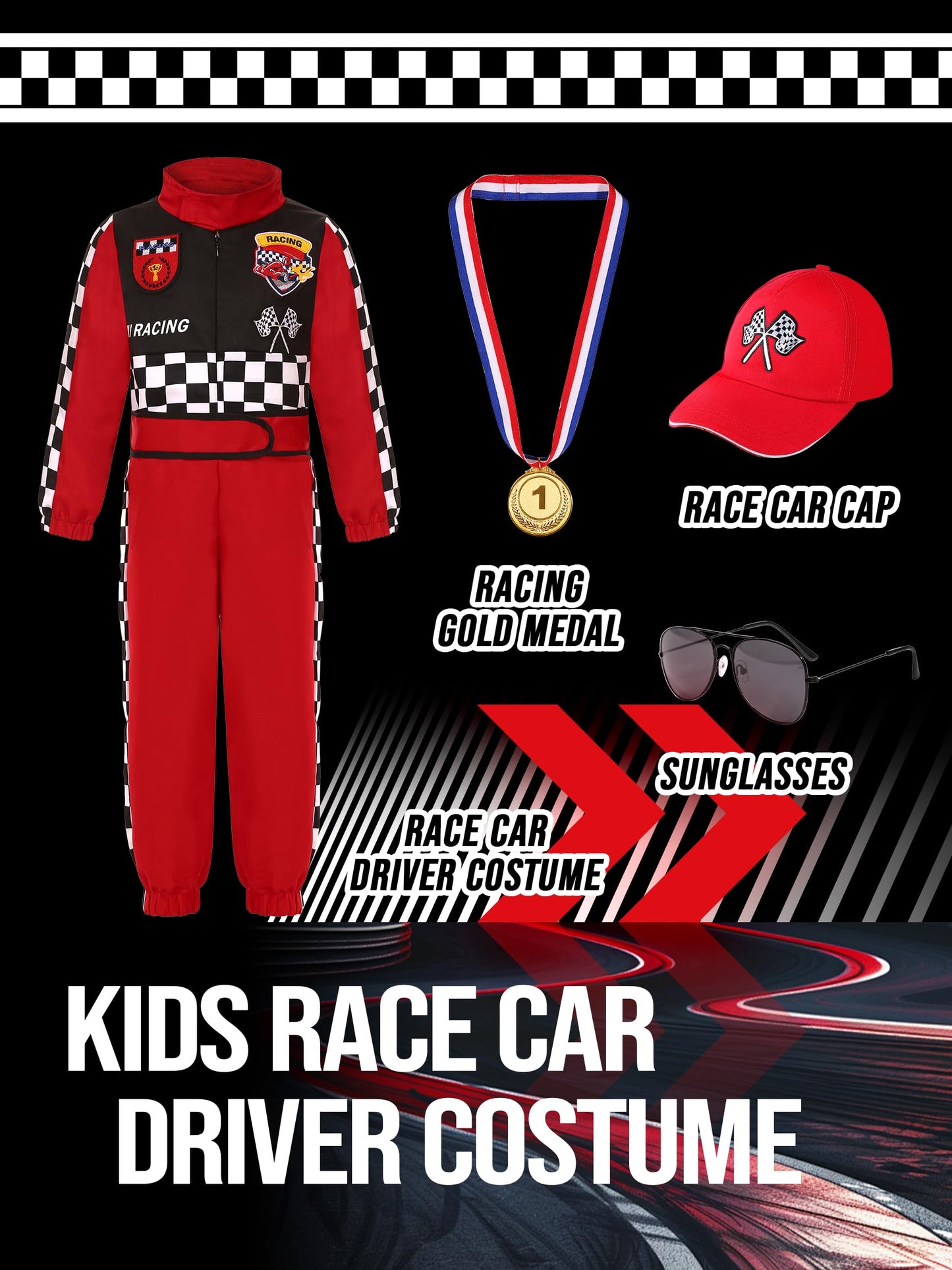 Bordazor Kids Race Car Driver Costume (5-6 Years) – Jumpsuit with Cap & Accessories