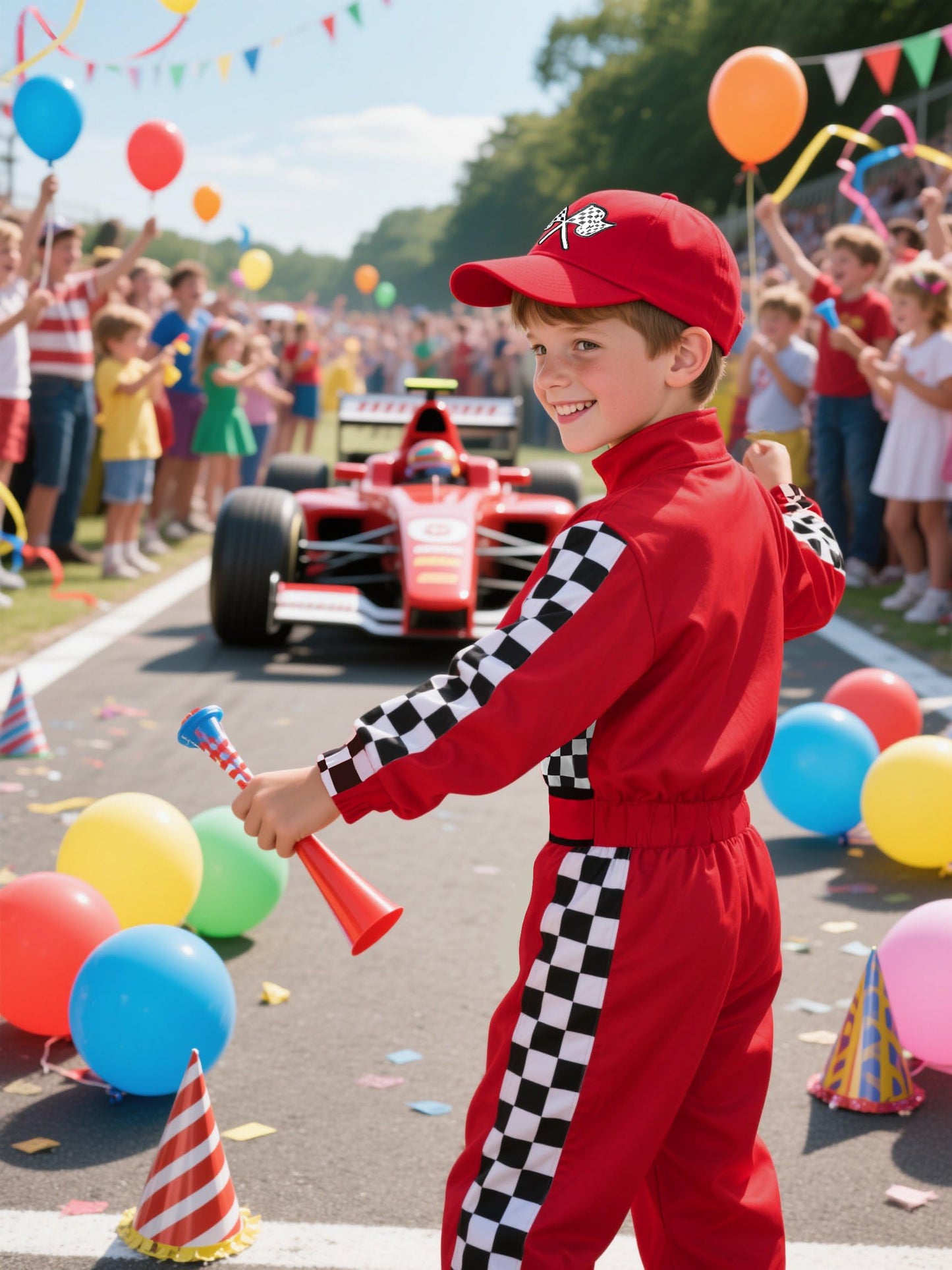 Bordazor Kids Race Car Driver Costume (5-6 Years) – Jumpsuit with Cap & Accessories
