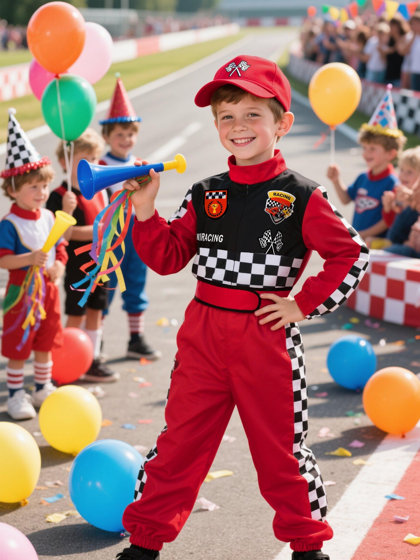Bordazor Kids Race Car Driver Costume (5-6 Years) – Jumpsuit with Cap & Accessories