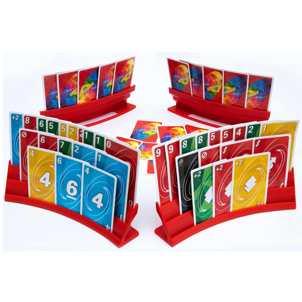 BORICO 4-Pack Card Holders for Playing Cards – Stackable Tray with Travel Pouch (Red)