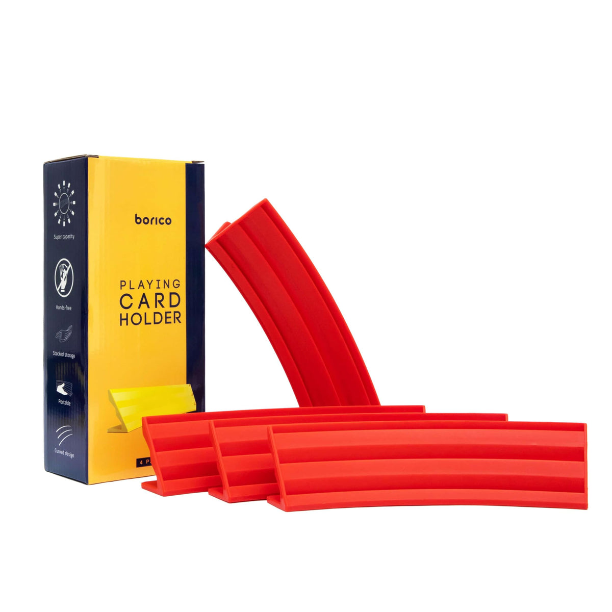 BORICO 4-Pack Card Holders for Playing Cards – Stackable Tray with Travel Pouch (Red)