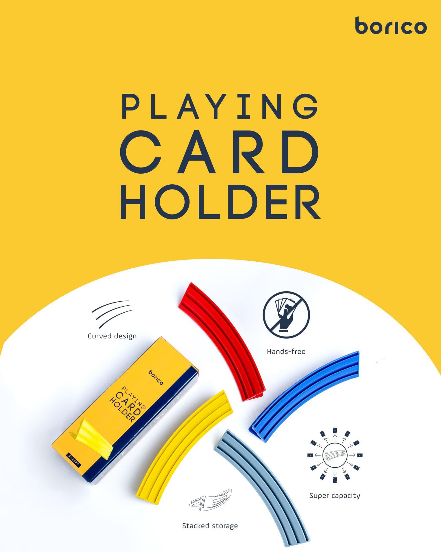 BORICO Card Holders for Playing Cards – 4 Pack Stackable Tray with Travel Pouch (4 Colors)