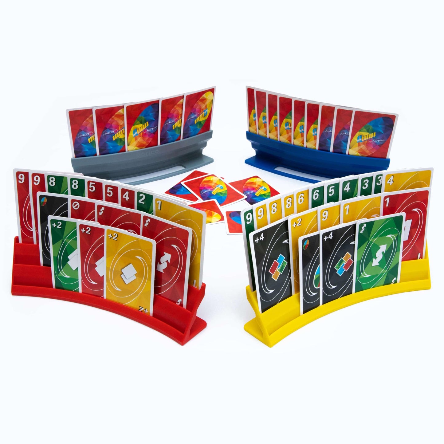 BORICO Card Holders for Playing Cards – 4 Pack Stackable Tray with Travel Pouch (4 Colors)