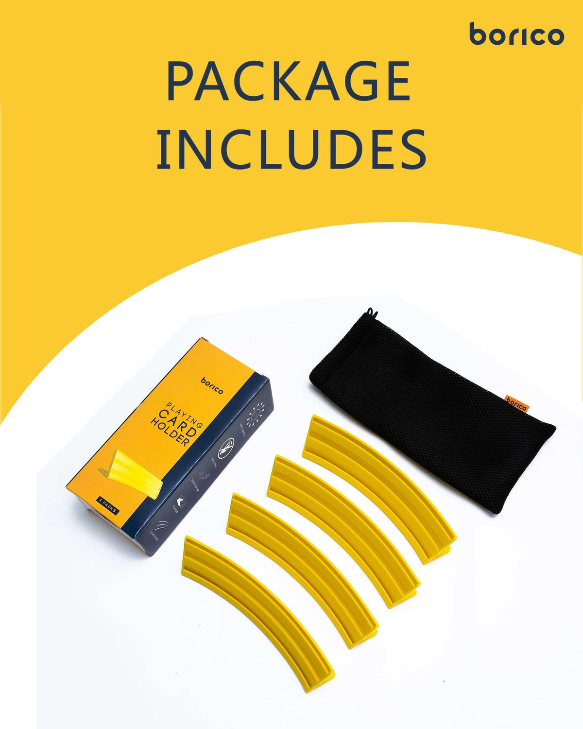 BORICO 4-Pack Card Holders for Playing Cards – Stackable, Slanted Tray with Travel Pouch (Yellow)