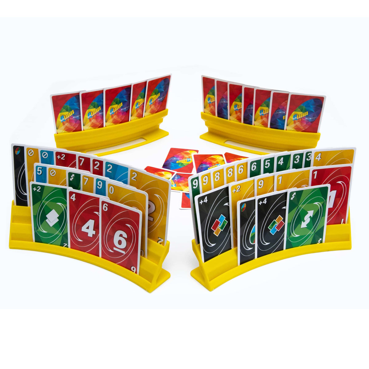 BORICO 4-Pack Card Holders for Playing Cards – Stackable, Slanted Tray with Travel Pouch (Yellow)