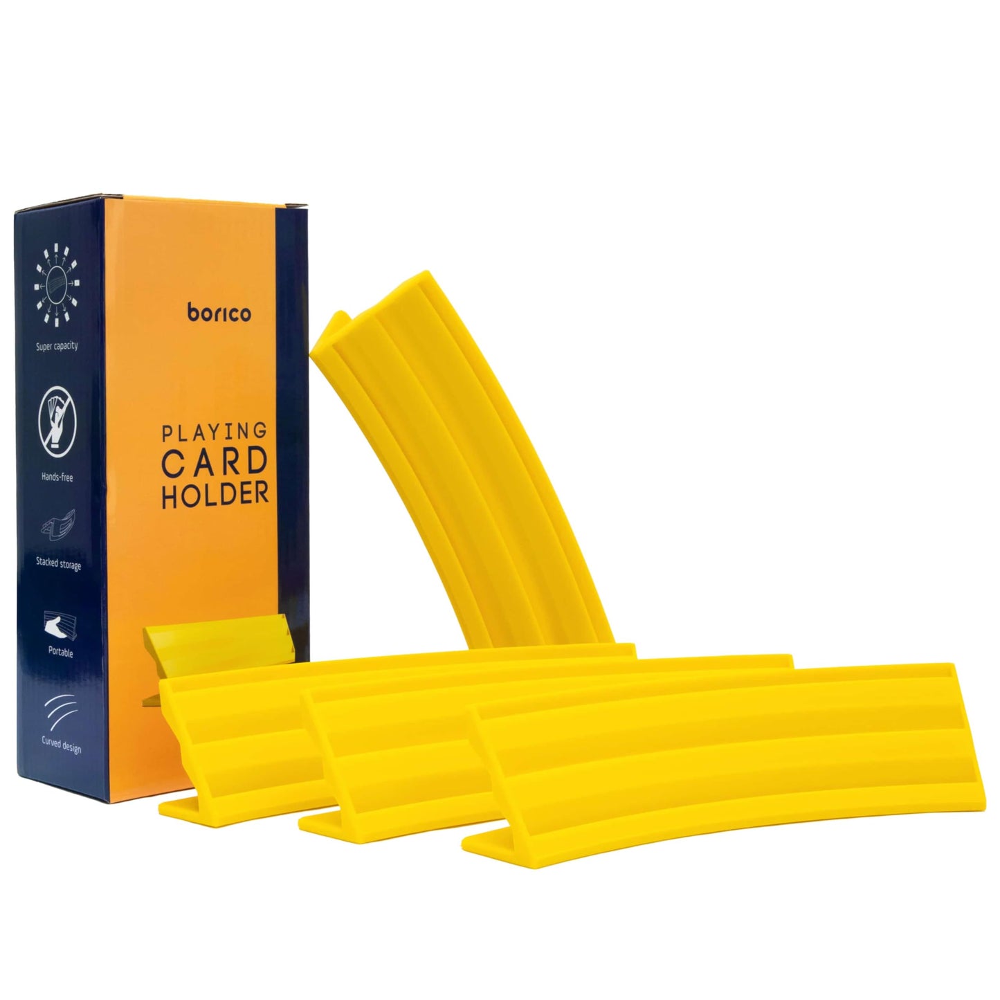 BORICO 4-Pack Card Holders for Playing Cards – Stackable, Slanted Tray with Travel Pouch (Yellow)