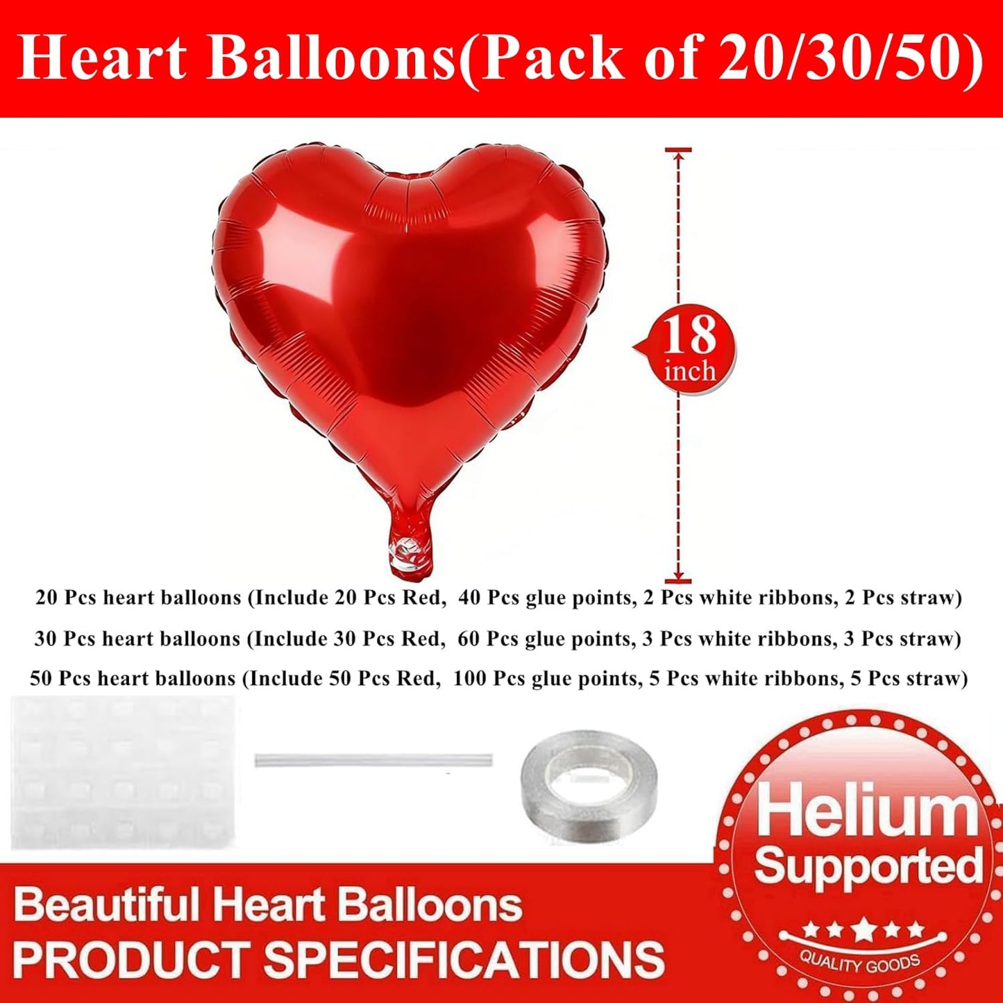 BorKinHa 20pcs Red Heart Balloons – 18in Foil Hearts for Valentine’s Day