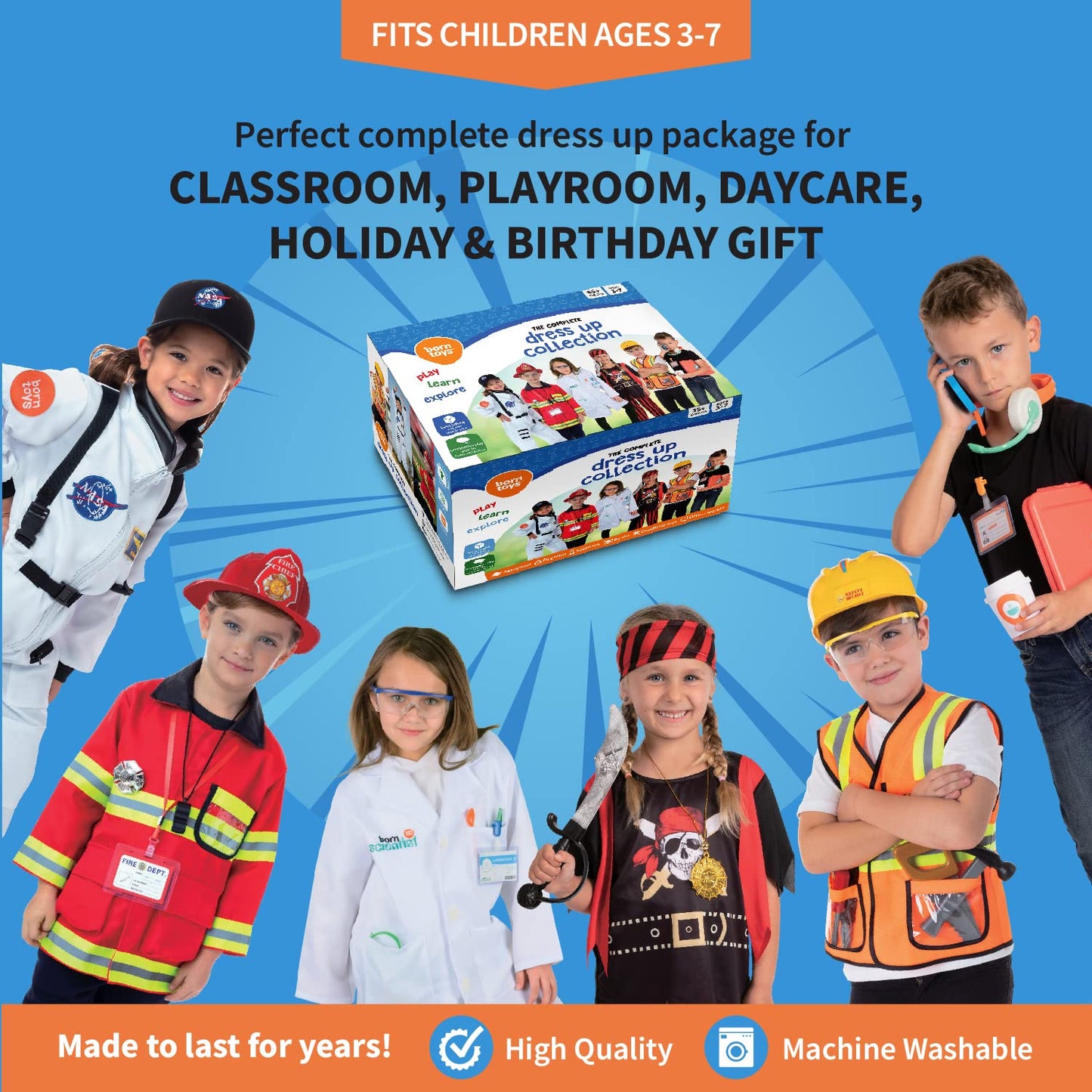 Born Toys 6-in-1 Pretend Play Costumes for Kids 3-7 | Washable Dress Up Set