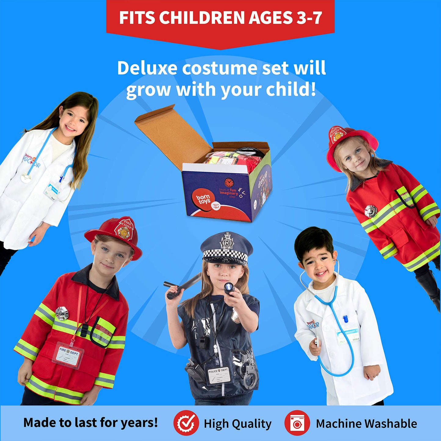 Born Toys Premium 16-piece Dress Up Set for Kids Aged 3–7 — Fireman, Police, Doctor Costumes with Washable Accessories
