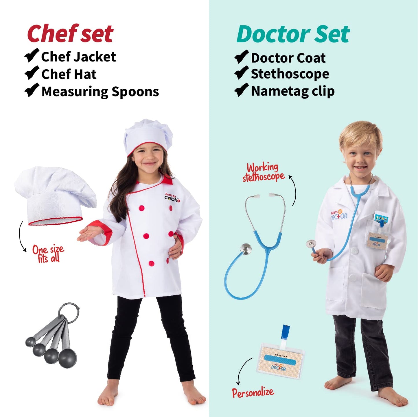 Born Toys Dress Up Costumes Set – Firefighter, Police Officer & Doctor for Kids Ages 3-7