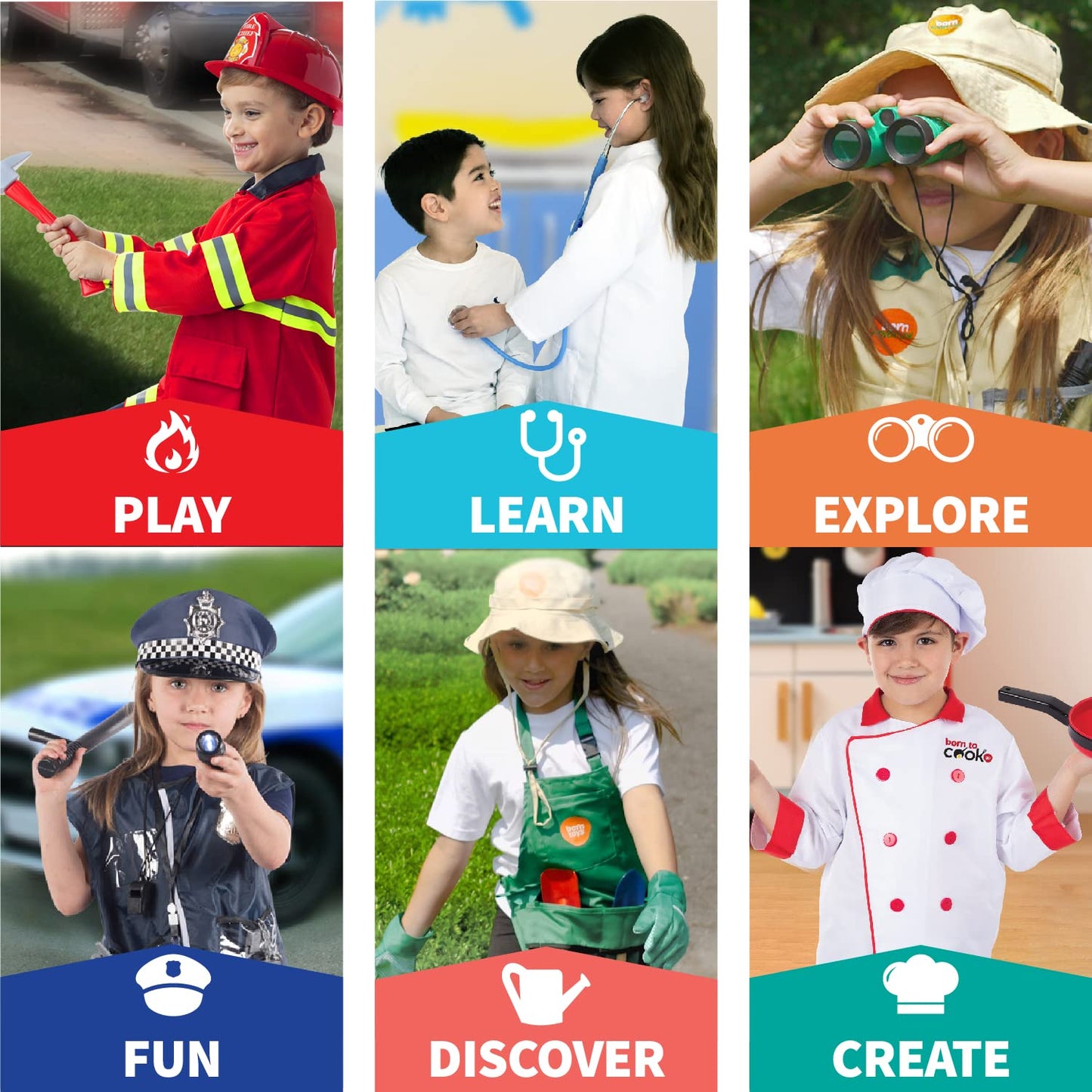 Born Toys Dress Up Costumes Set – Firefighter, Police Officer & Doctor for Kids Ages 3-7