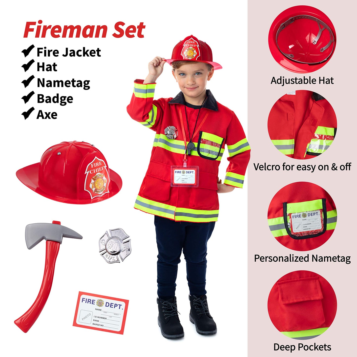Born Toys Premium 16-piece Dress Up Set for Kids Aged 3–7 — Fireman, Police, Doctor Costumes with Washable Accessories