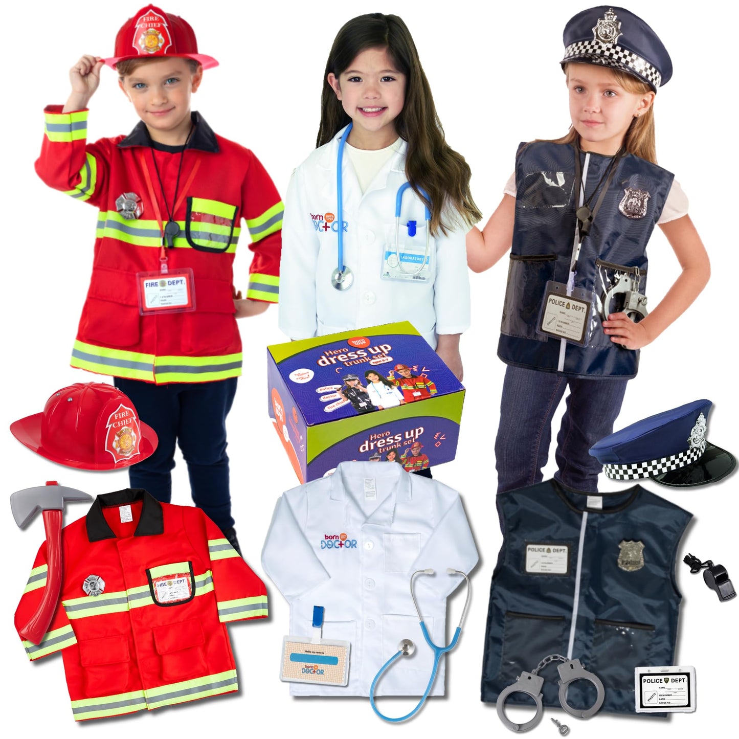 Born Toys Premium 16-piece Dress Up Set for Kids Aged 3–7 — Fireman, Police, Doctor Costumes with Washable Accessories