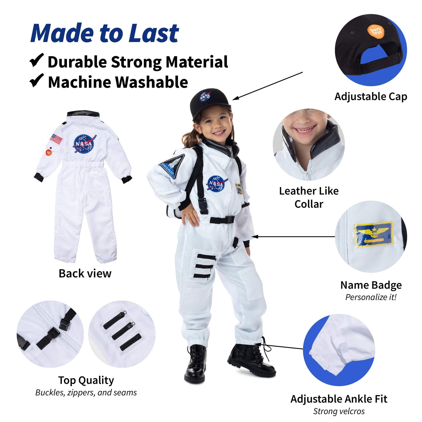 Born Toys 6-in-1 Pretend Play Costumes for Kids Aged 3-7 – Astronaut Dress Up Set (Washable)