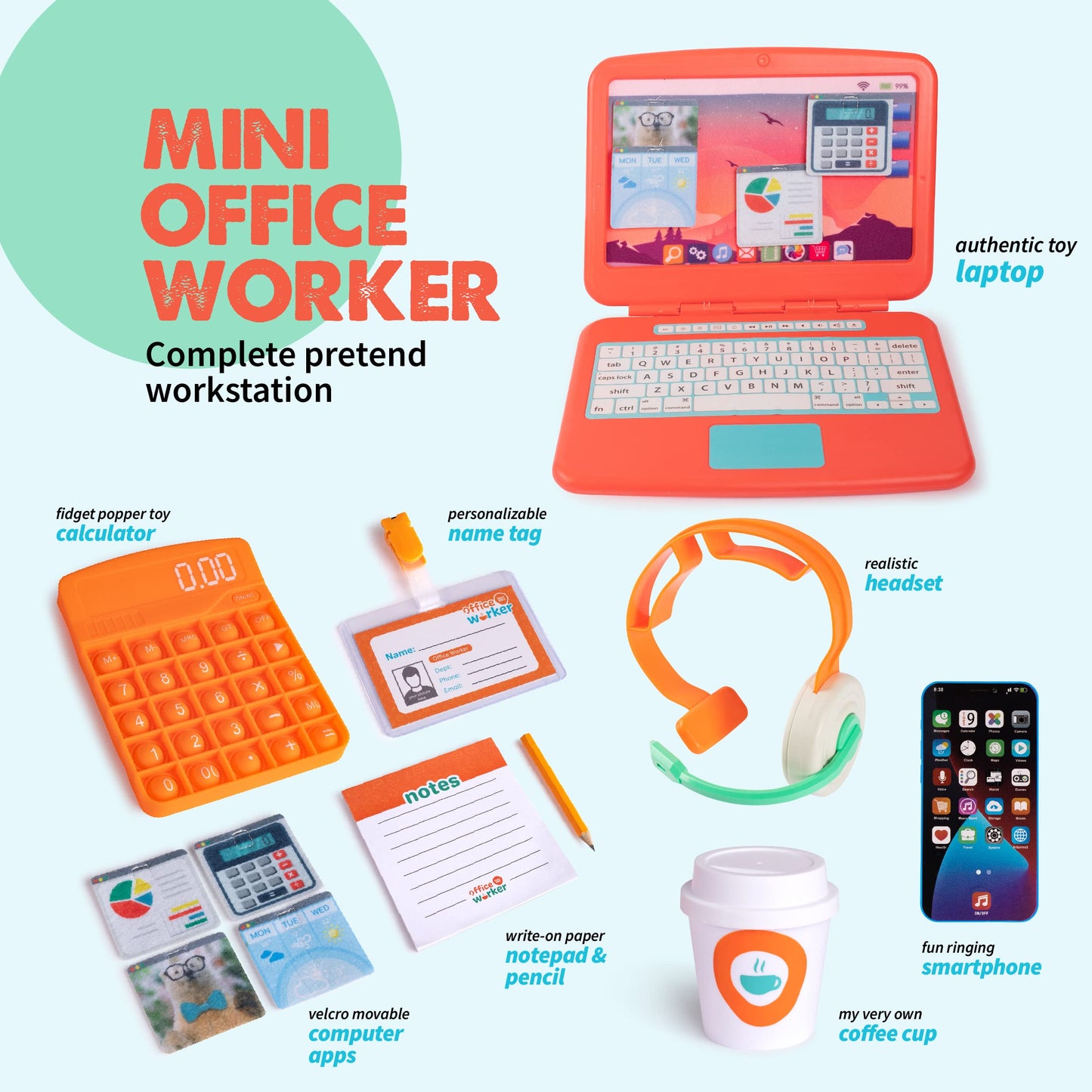 Born Toys Pretend Play Home Office Set – Laptop, Phone, Calculator & More for Ages 3-7