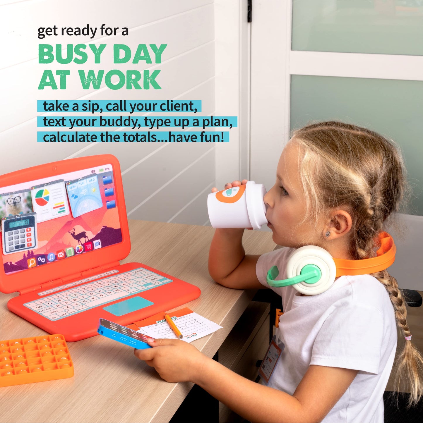 Born Toys Pretend Play Home Office Set – Laptop, Phone, Calculator & More for Ages 3-7