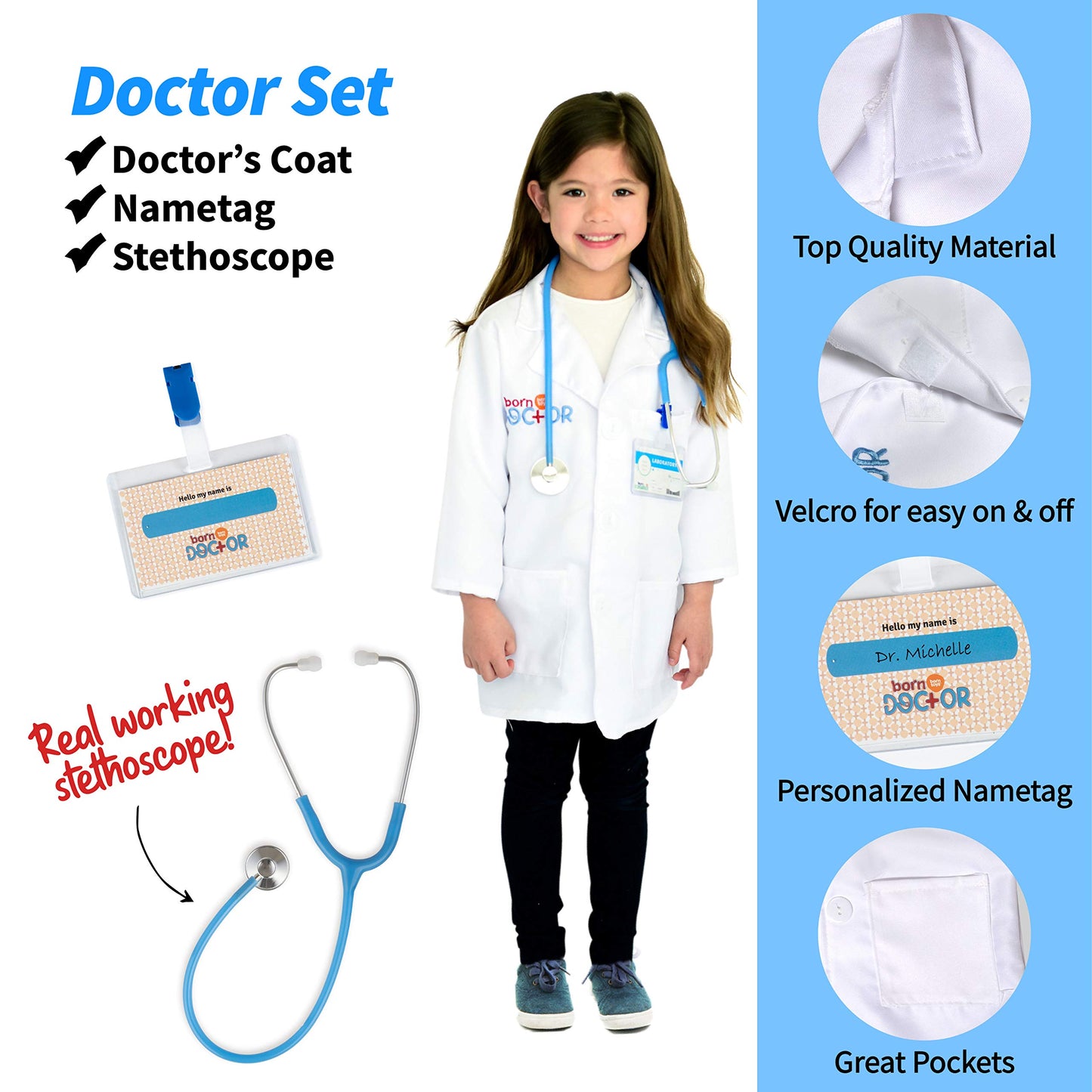 Born Toys Premium 16-piece Dress Up Set for Kids Aged 3–7 — Fireman, Police, Doctor Costumes with Washable Accessories