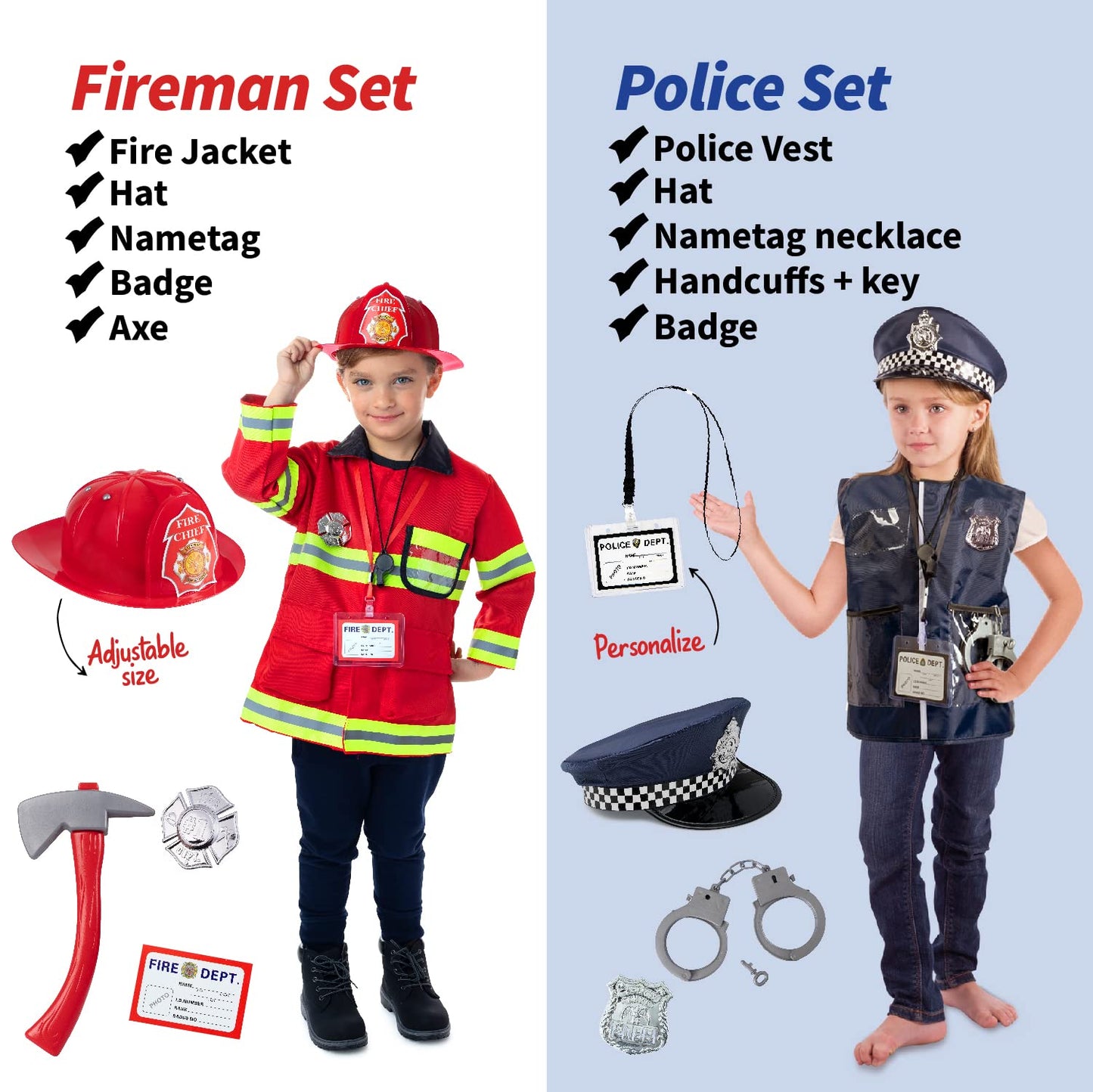 Born Toys Dress Up Costumes Set – Firefighter, Police Officer & Doctor for Kids Ages 3-7