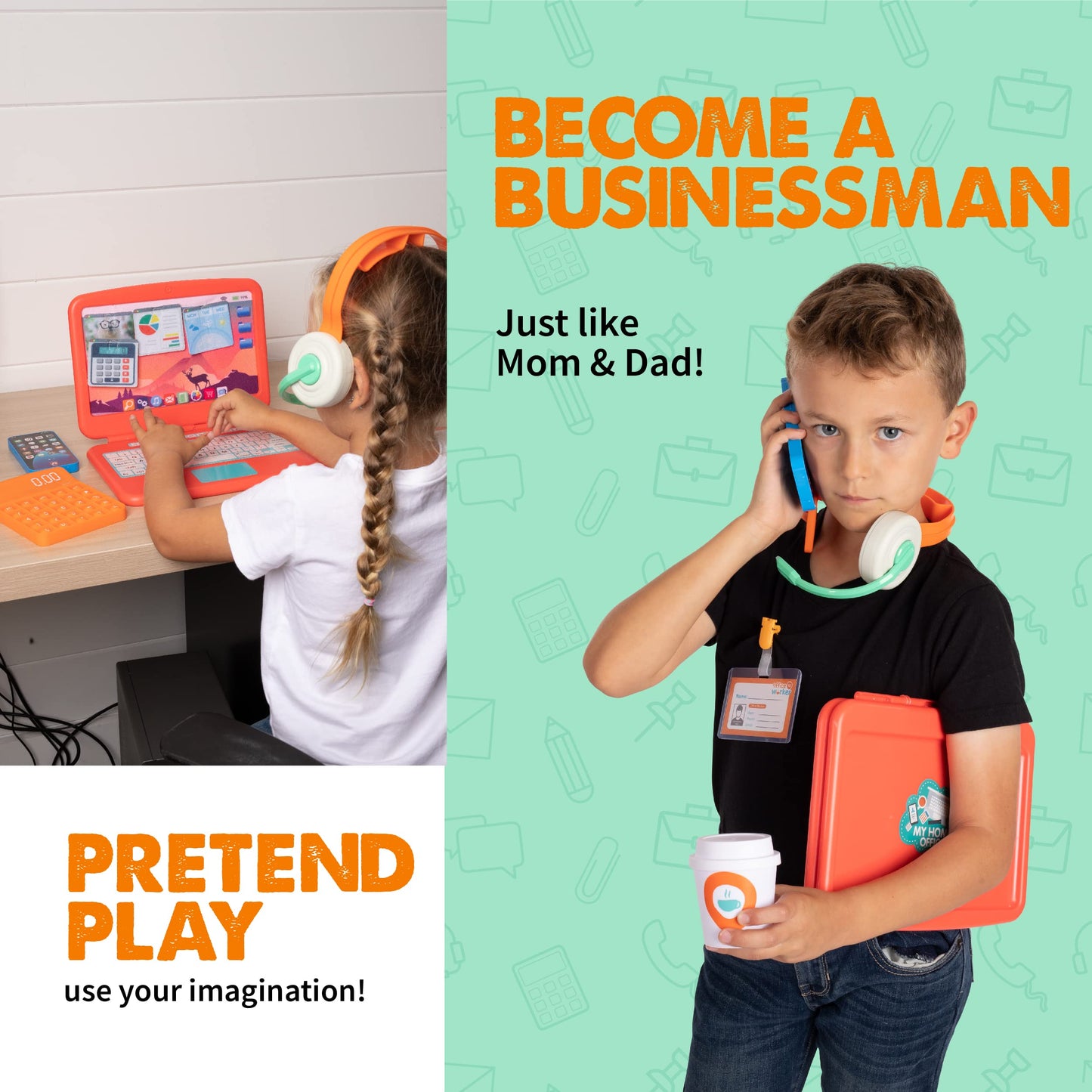 Born Toys Pretend Play Home Office Set – Laptop, Phone, Calculator & More for Ages 3-7