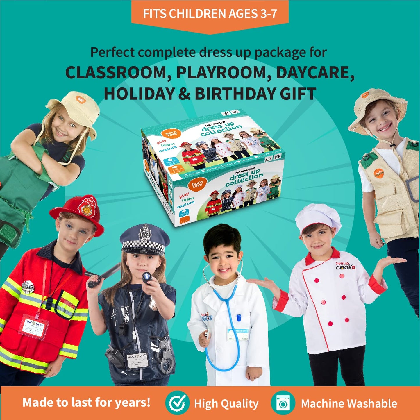 Born Toys Dress Up Costumes Set – Firefighter, Police Officer & Doctor for Kids Ages 3-7