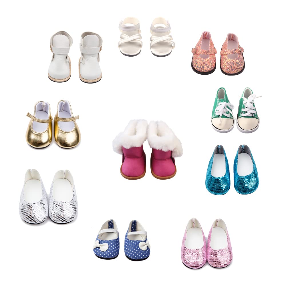 BOSOIRSOU 10 Pairs 18-Inch Doll Shoes Set – Boots, Dance Shoes, Sandals, Canvas & More for 18” Dolls