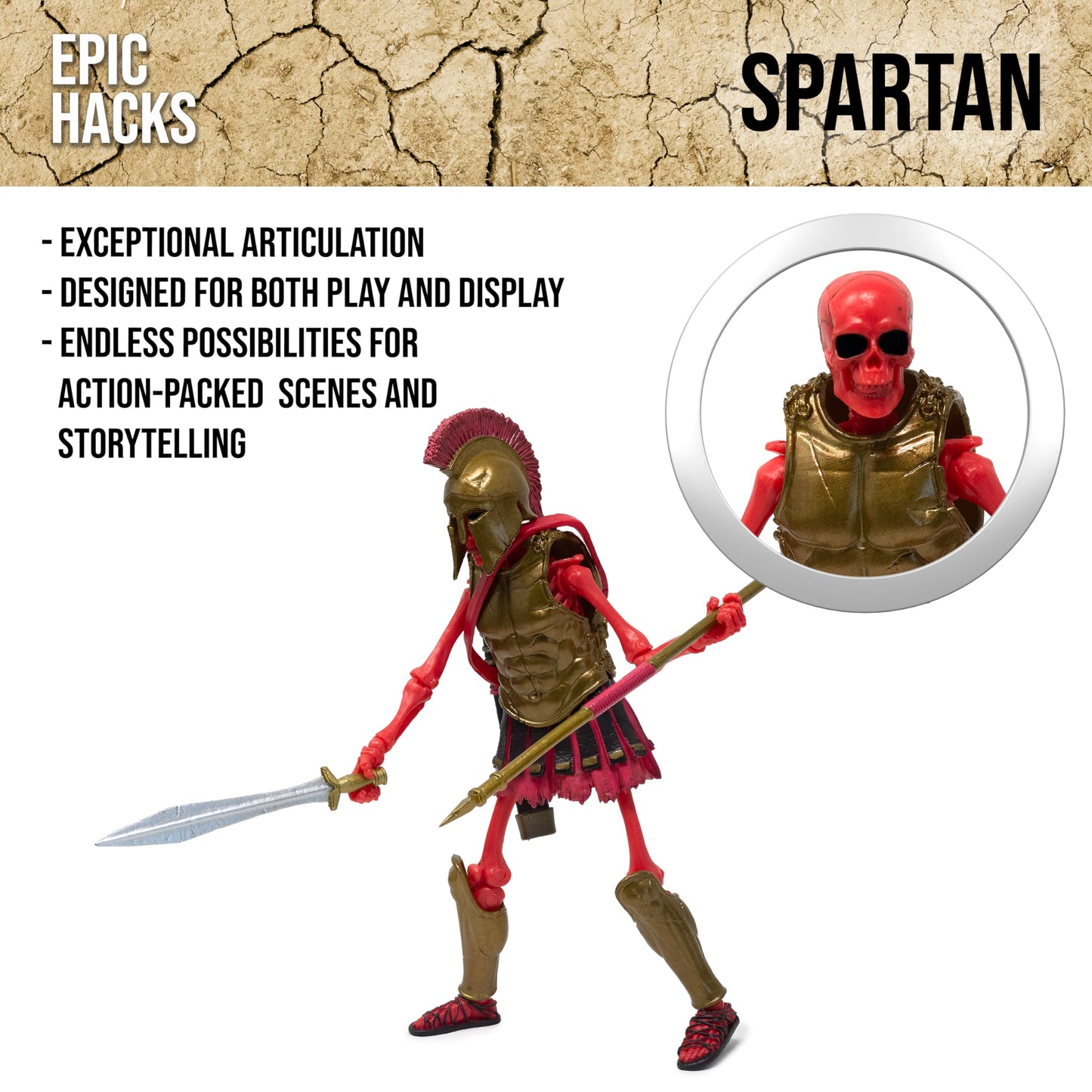 Boss Fight Studio Epic H.A.C.K.S. Spartan Warrior Skeleton Action Figure – 1:12 Scale with Helmet, Armor, Sword, Spear & Stand