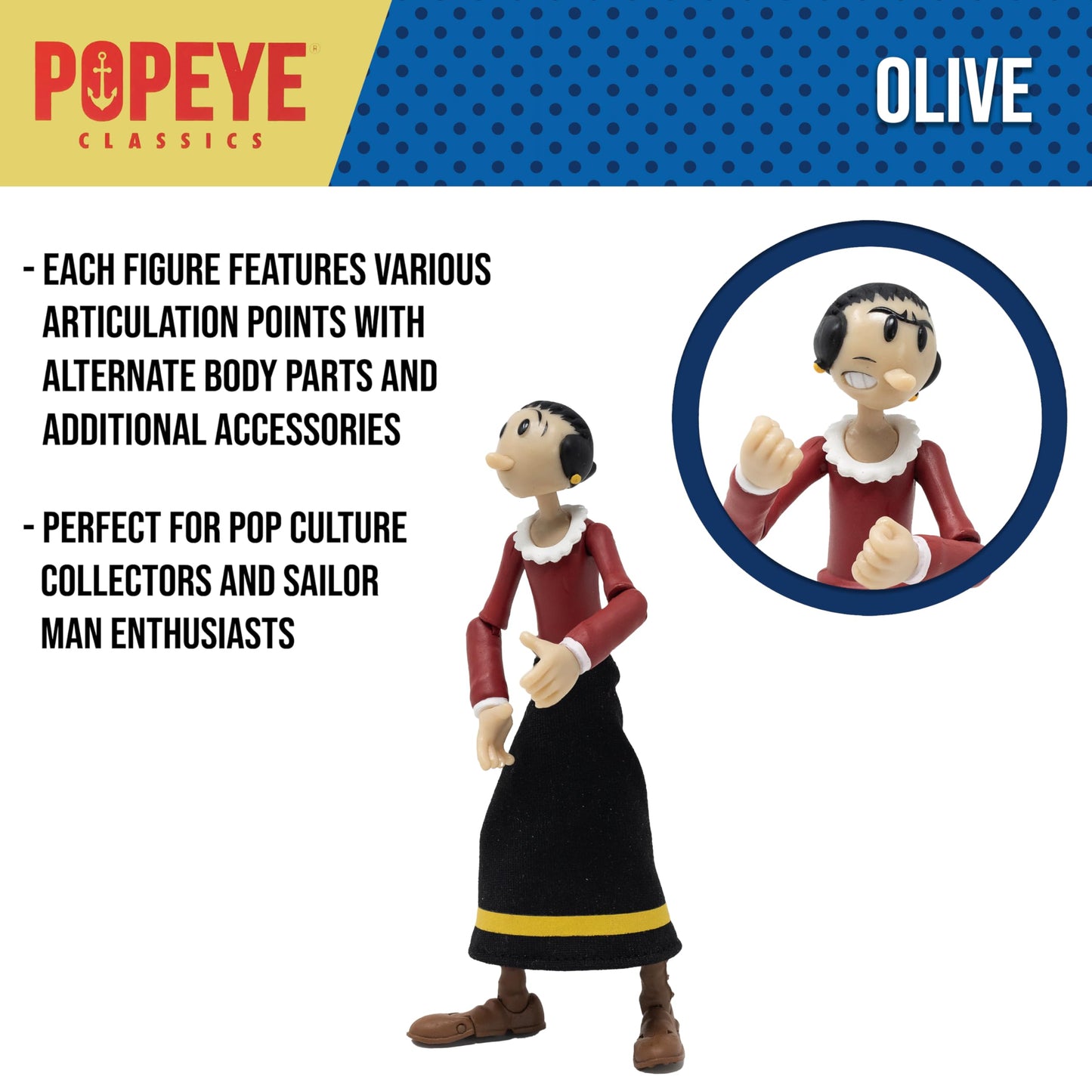 Boss Fight Studio Olive OYL Popeye Classics Wave 1 Action Figure - 1:12 Scale, Highly Articulated with Swee’ Pea, Fabric Skirt, Alternate Heads & Hat