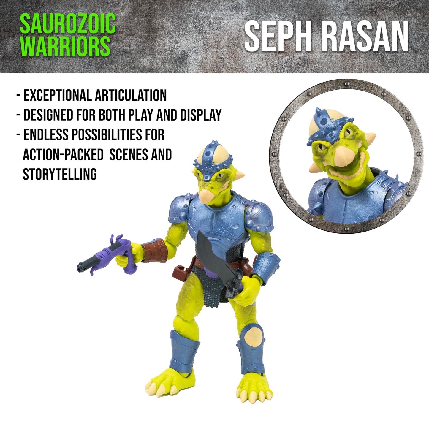 Boss Fight Studio Saurozoic Warrior Seph Rasan – Futuristic Armored Dinosaur Hero, 6-Inch Collectible Figure
