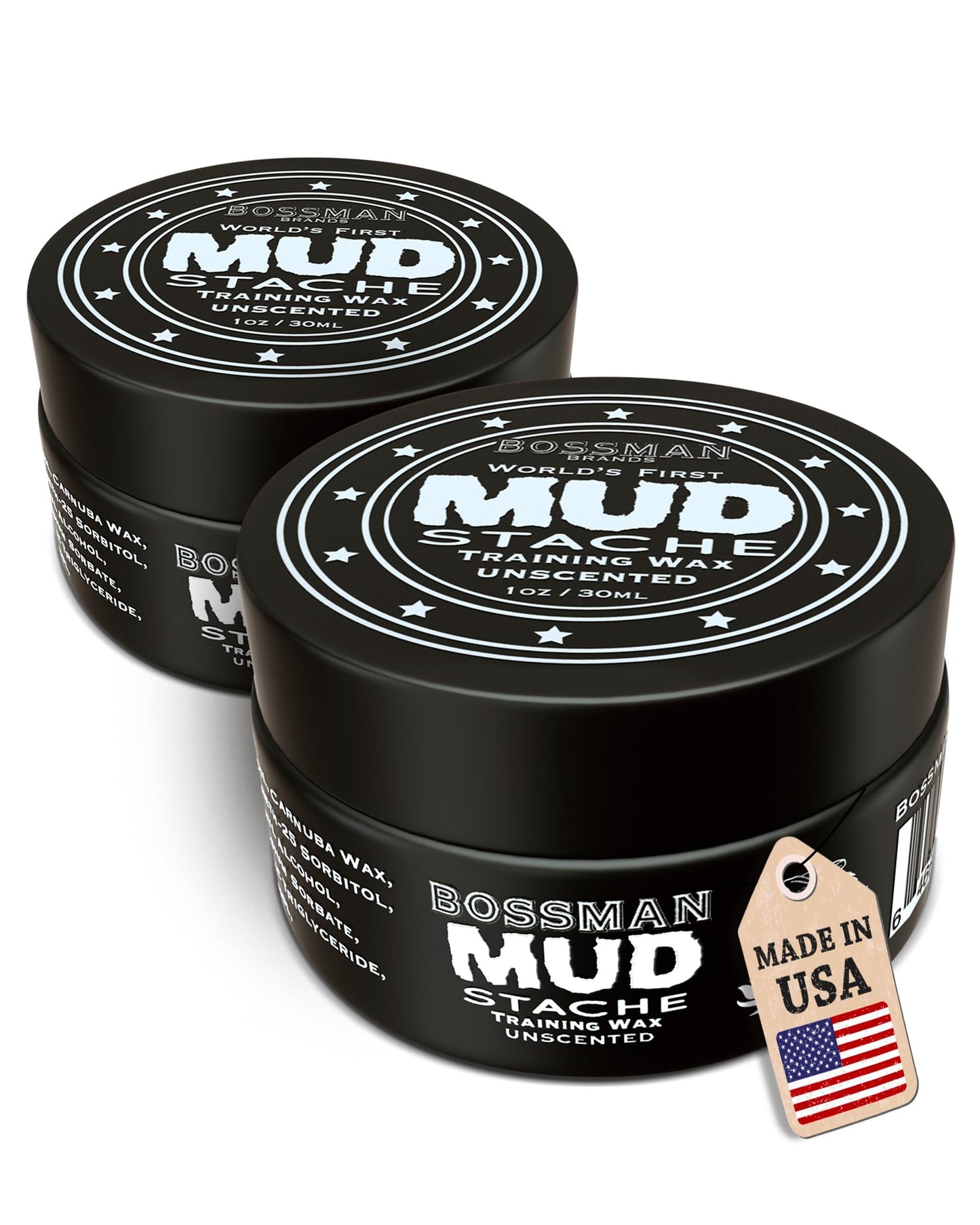Bossman MUDstache Unscented Mustache Wax for Men (2 oz) – 2 Pack, Strong 24-Hour Hold, Non-Tacky & Easy to Apply