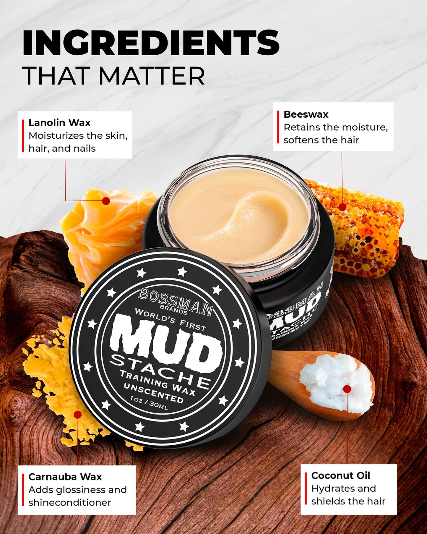 Bossman MUDstache Unscented Mustache Wax for Men (2 oz) – 2 Pack, Strong 24-Hour Hold, Non-Tacky & Easy to Apply