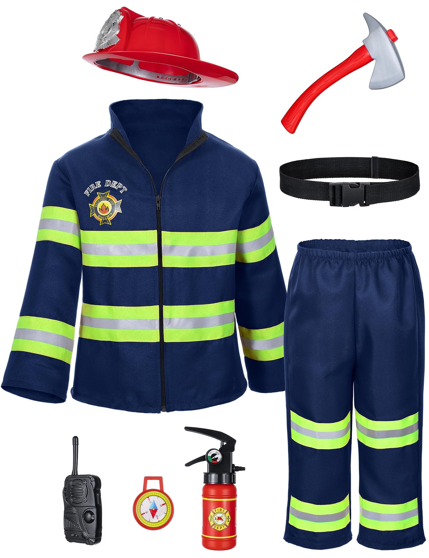 Bosvin Kids Firefighter Costume with 8-Piece Accessories - Navy Blue, Ages 10-11