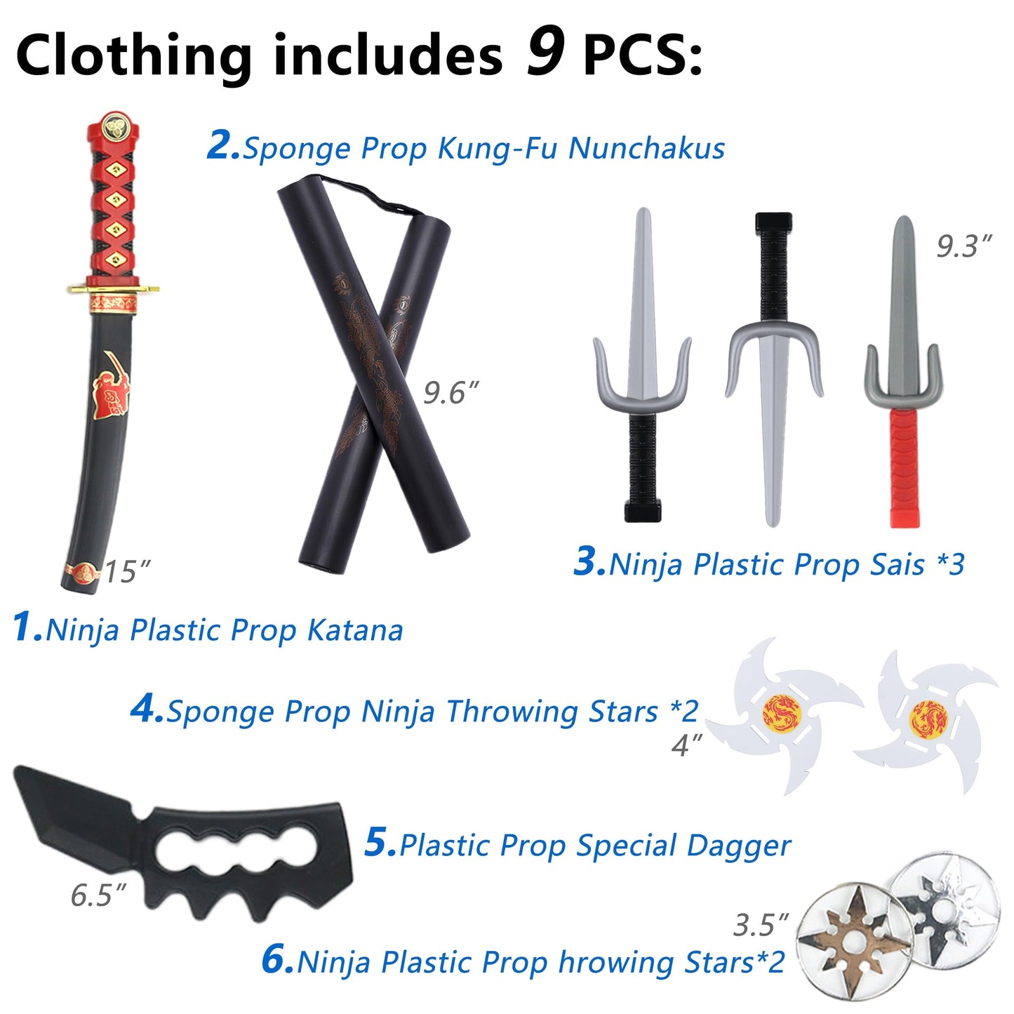 Bosvin Kids Ninjia Costume – Blue Muscle Ninja Jumpsuit with Deluxe Ninja Toys for Halloween Dress Up (5T-6-7 Years)
