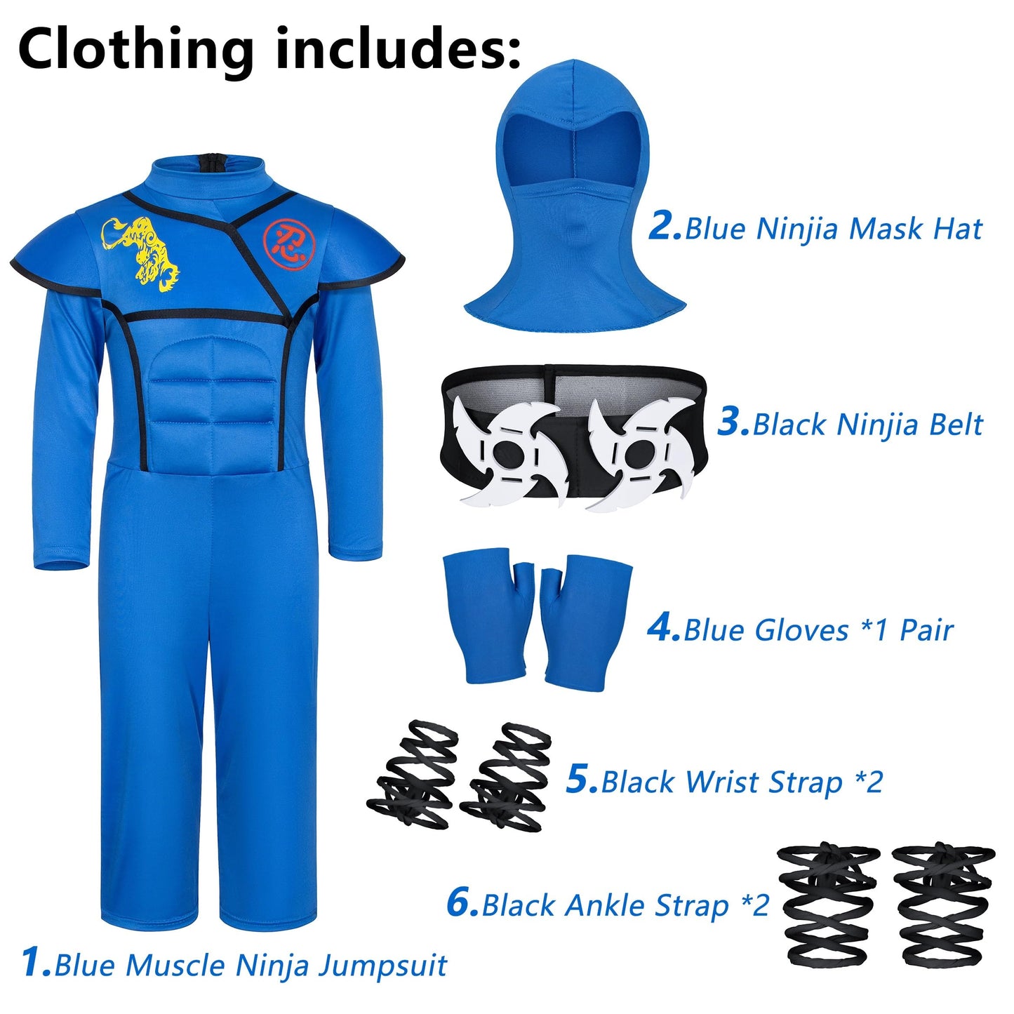 Bosvin Kids Ninjia Costume – Blue Muscle Ninja Jumpsuit with Deluxe Ninja Toys for Halloween Dress Up (5T-6-7 Years)