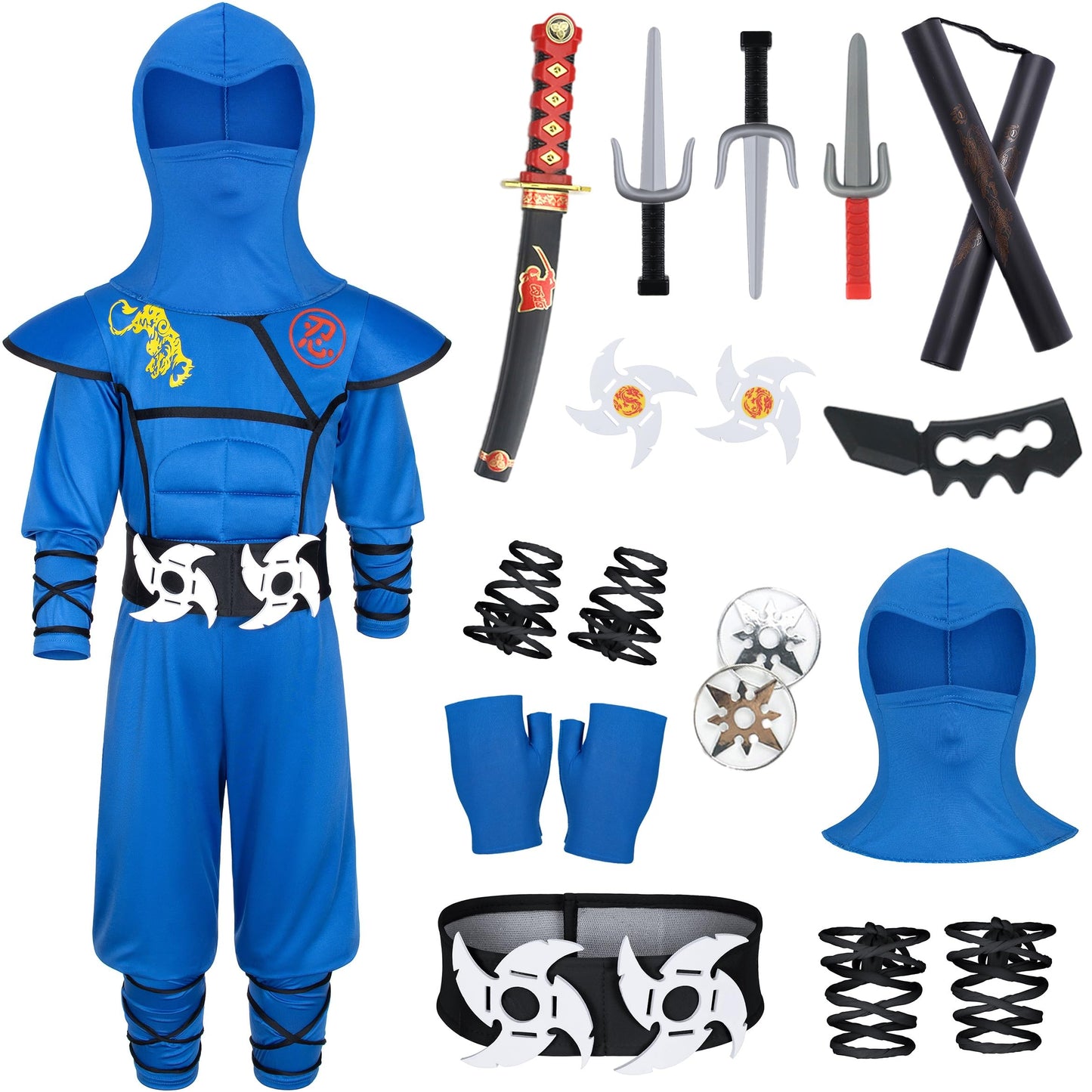 Bosvin Kids Ninjia Costume – Blue Muscle Ninja Jumpsuit with Deluxe Ninja Toys for Halloween Dress Up (5T-6-7 Years)